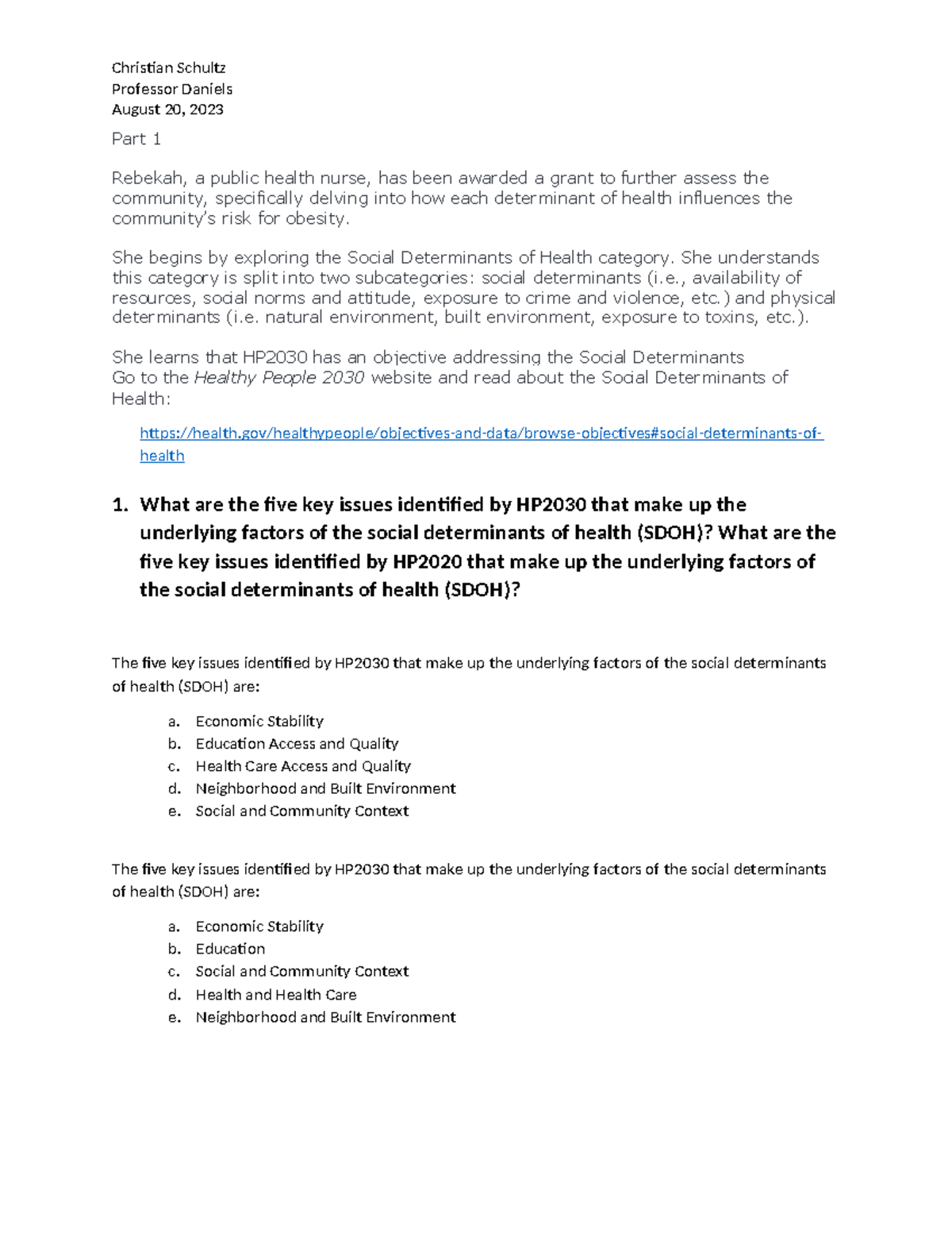 Case Study: Social Determinants of Health and Obesity Risk (HP2030 ...