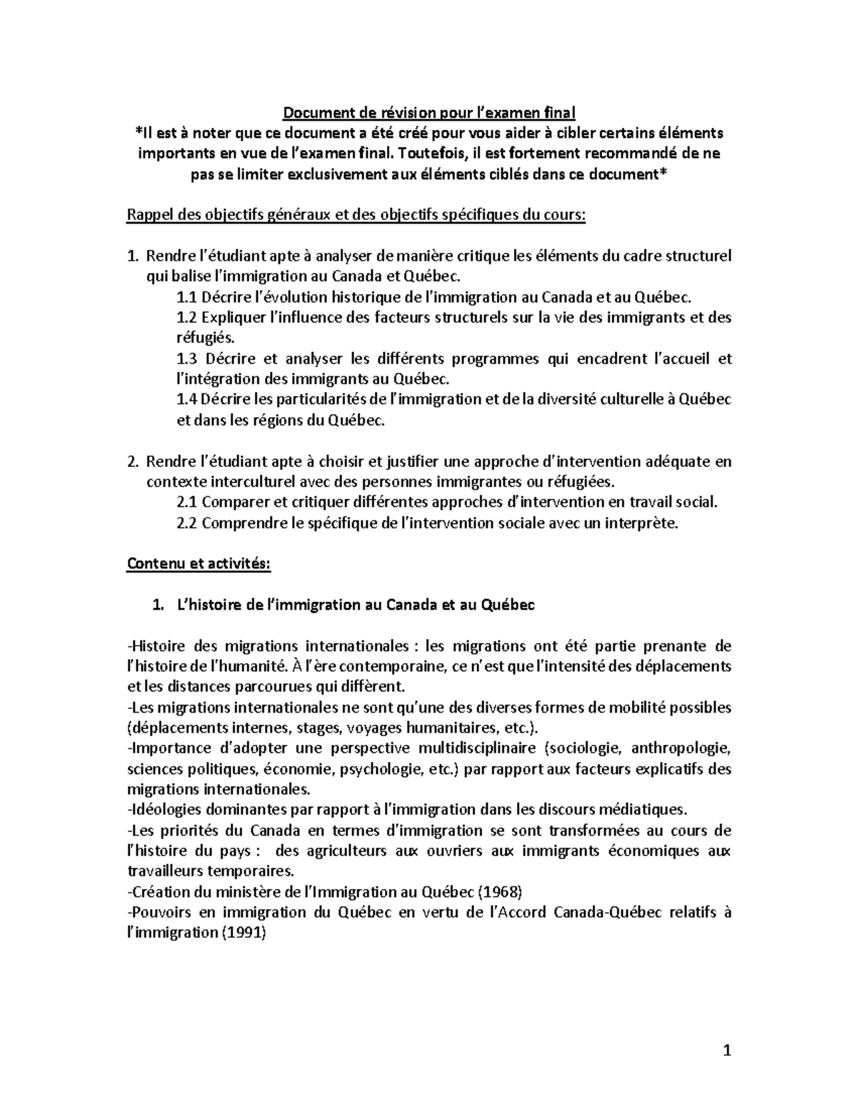 Révision de Cours sur l'Immigration au Canada pour l'Examen Final - Studocu