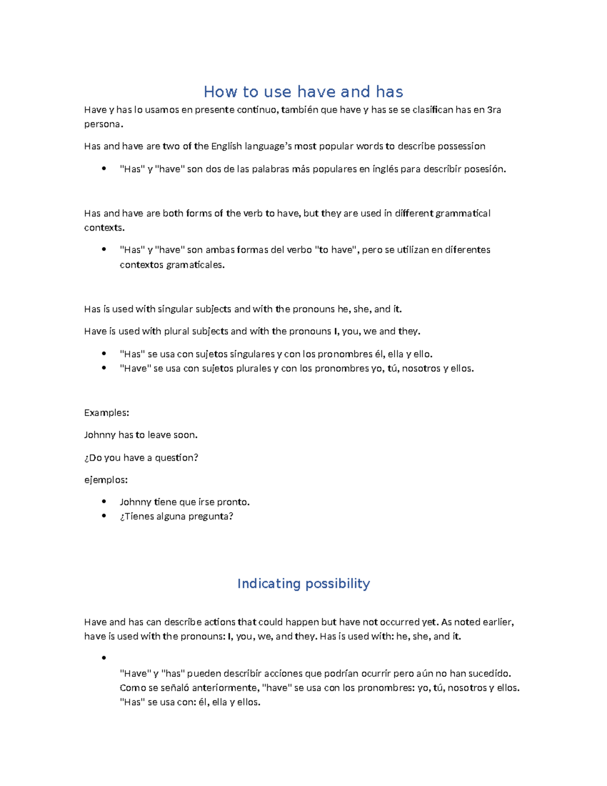 How to use have and has - Para los apuntes - How to use have and has ...