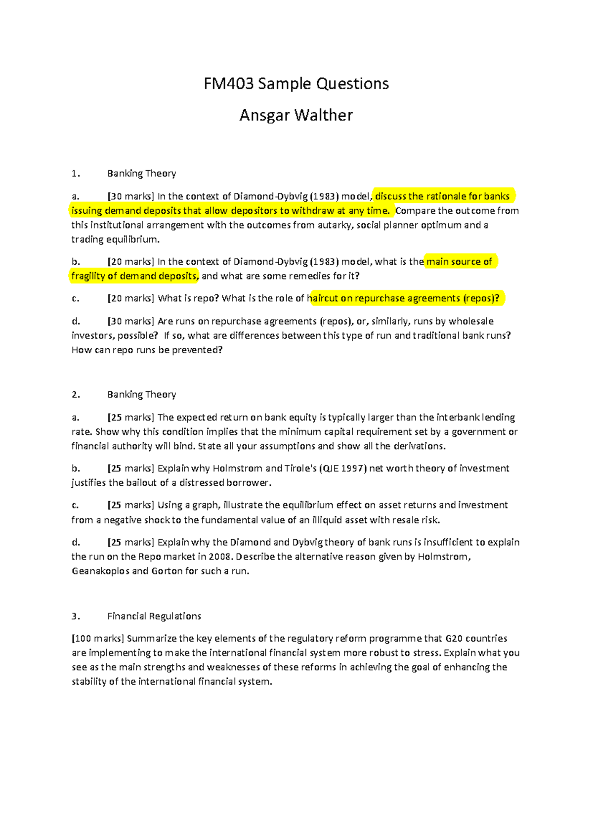 FM403 Sample Questions: Banking Theory & Financial Regulations Insights -  Studocu