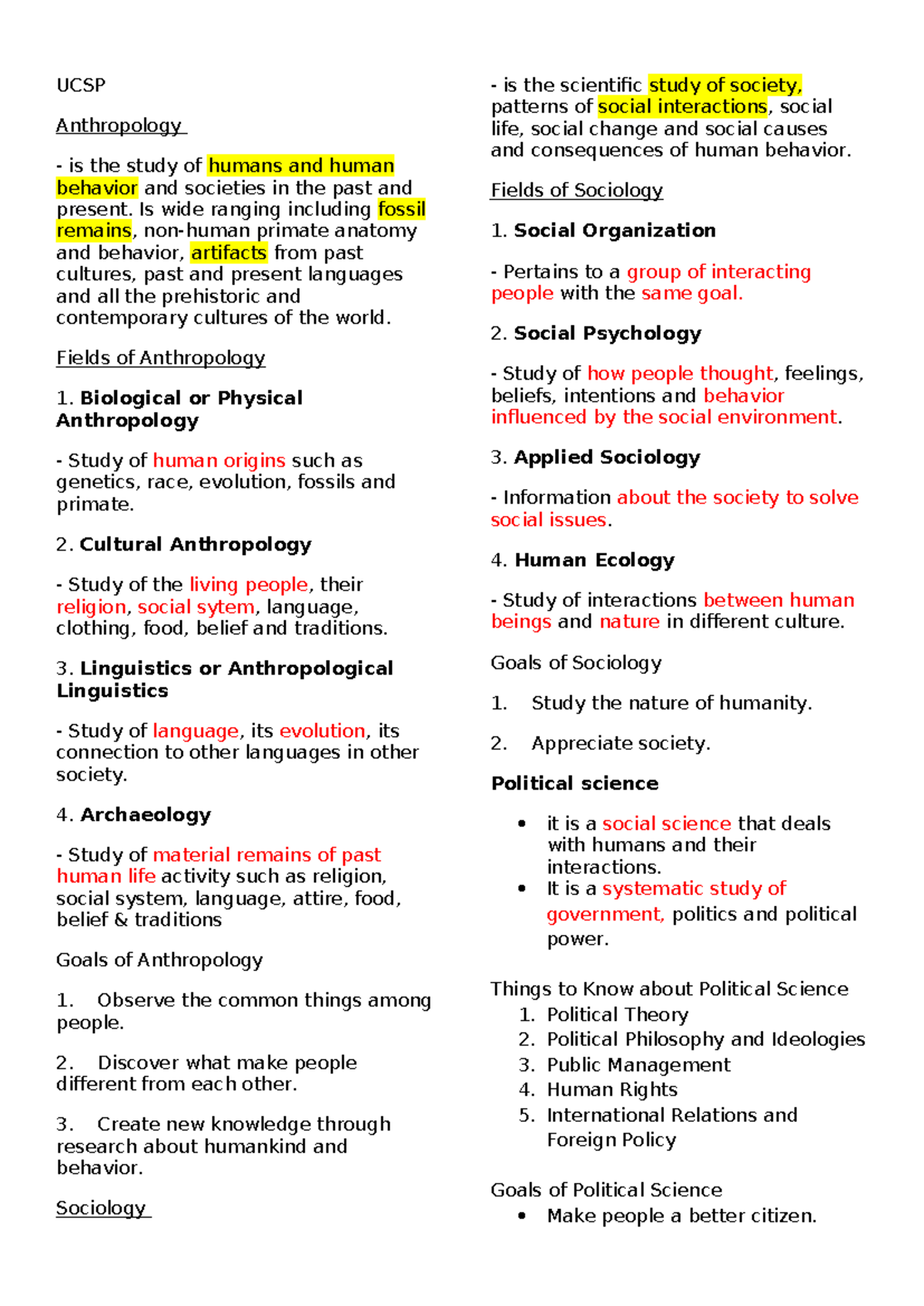 UCSP 101: Comprehensive Anthropology & Sociology Review Notes - Studocu