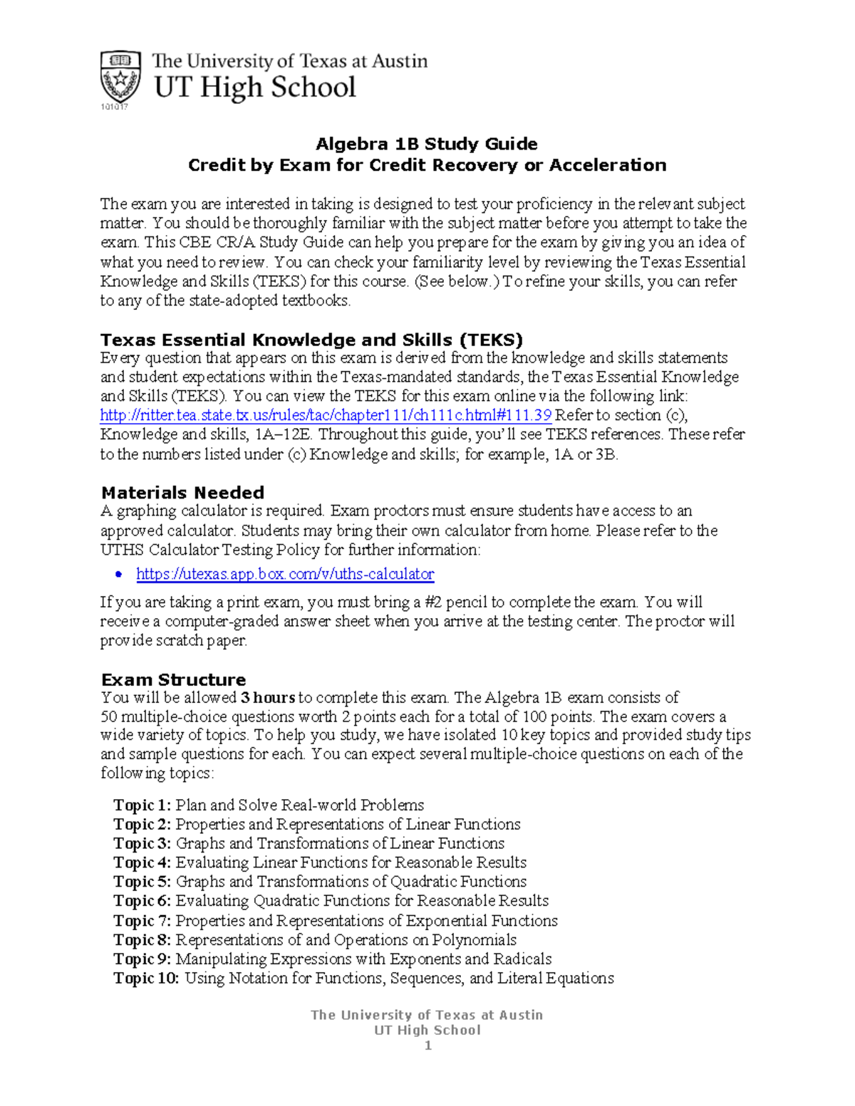 101017 Algebra 1B CBE Study Guide for Credit Recovery Exam - Studocu