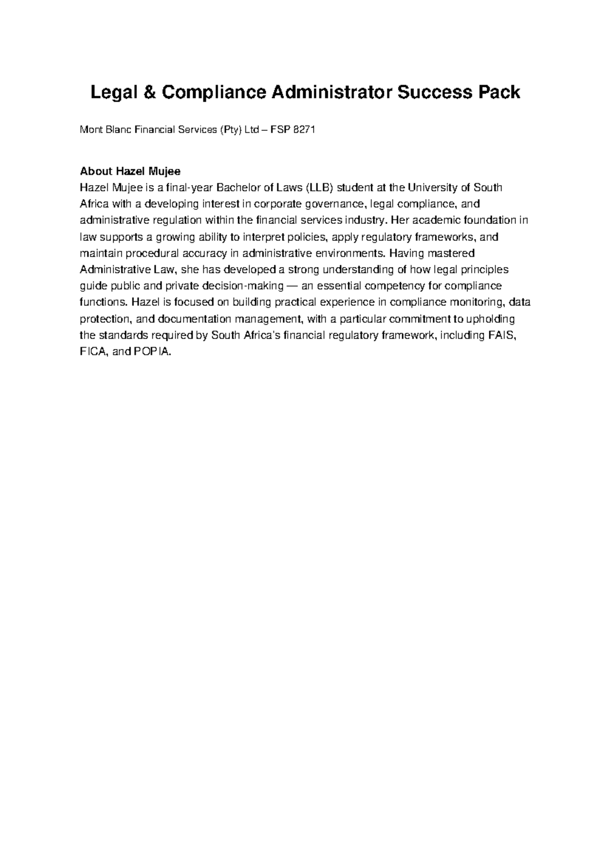 Legal & Compliance Admin Success Pack - Hazel Mujee (FSP 8271) - Studocu