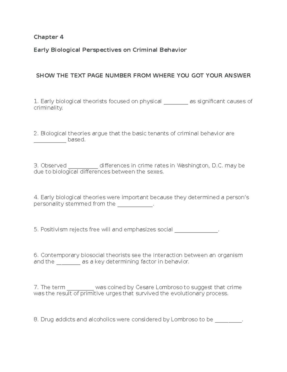 Chapter 4 criminology lecture notes - Chapter 4 Early Biological ...