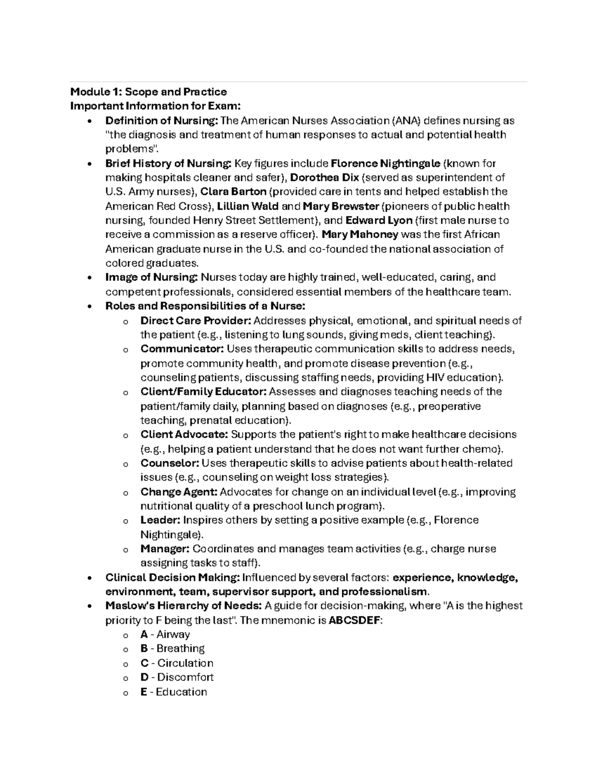 NUR 215: Key Concepts for Exam 1 - Nursing Scope, Practice, and Care ...
