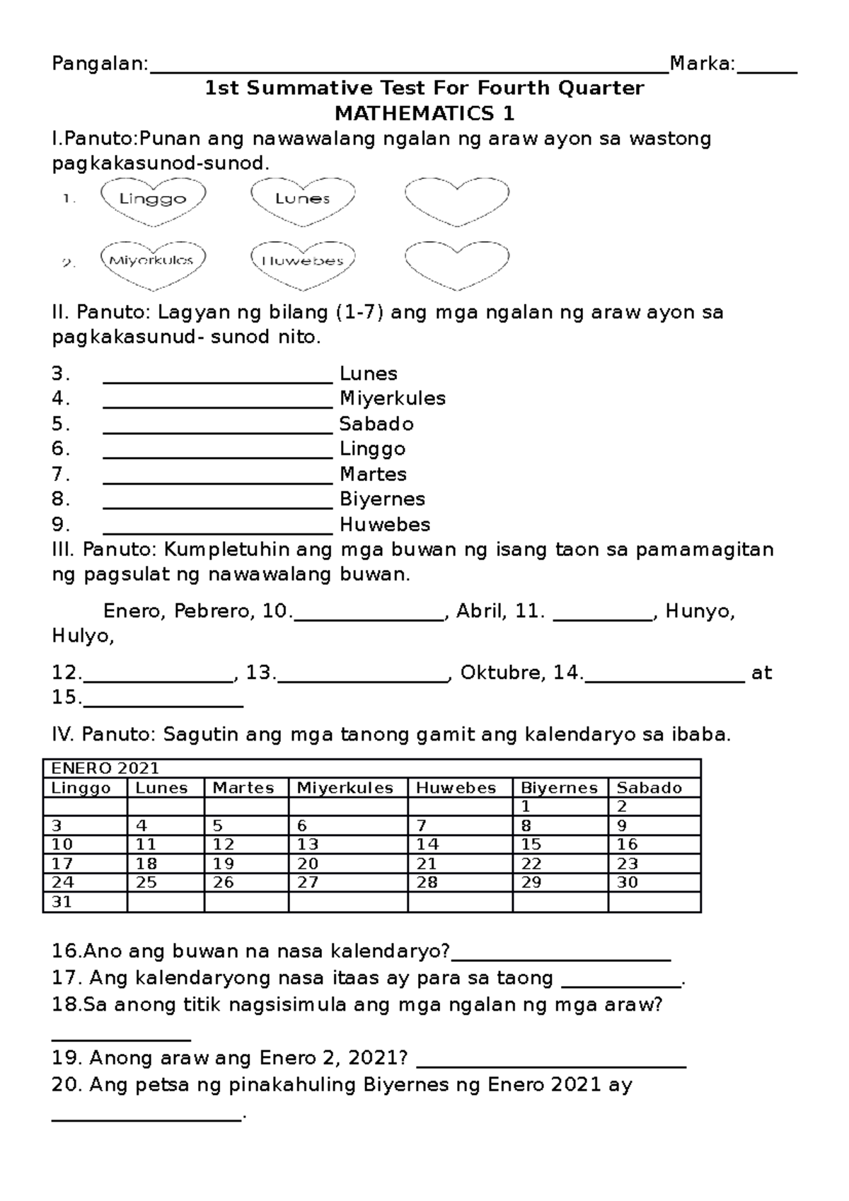 Mathematics 1 - 1st Summative Test for 4th Quarter - Weeks 1-4 - Studocu
