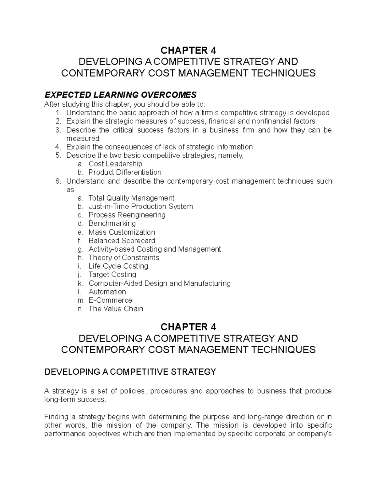 Handout 4: Competitive Strategy & Cost Management Techniques - Studocu