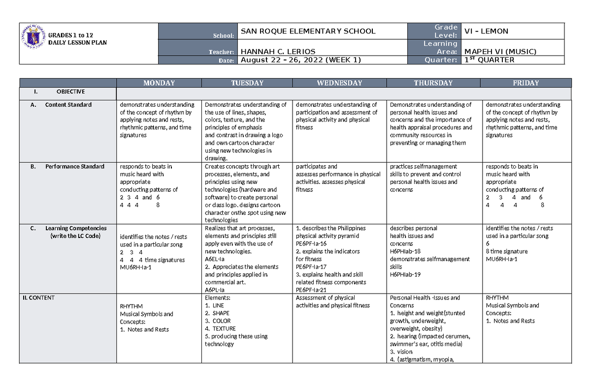 DLL Mapeh 6 Q1 W1 - GRADES 1 to 12 DAILY LESSON PLAN School: SAN ROQUE ...