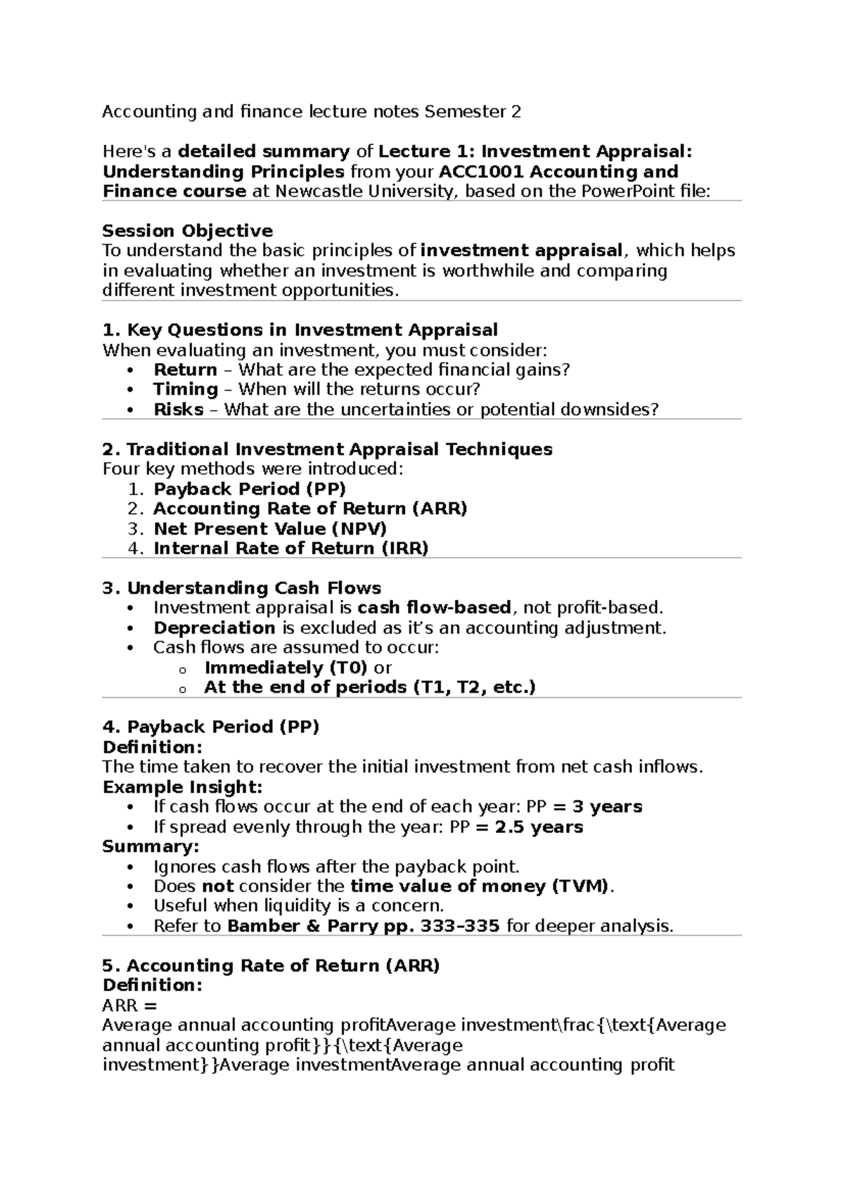 ACC1001 Lecture Notes: Investment Appraisal & Budgeting Summary - Studocu