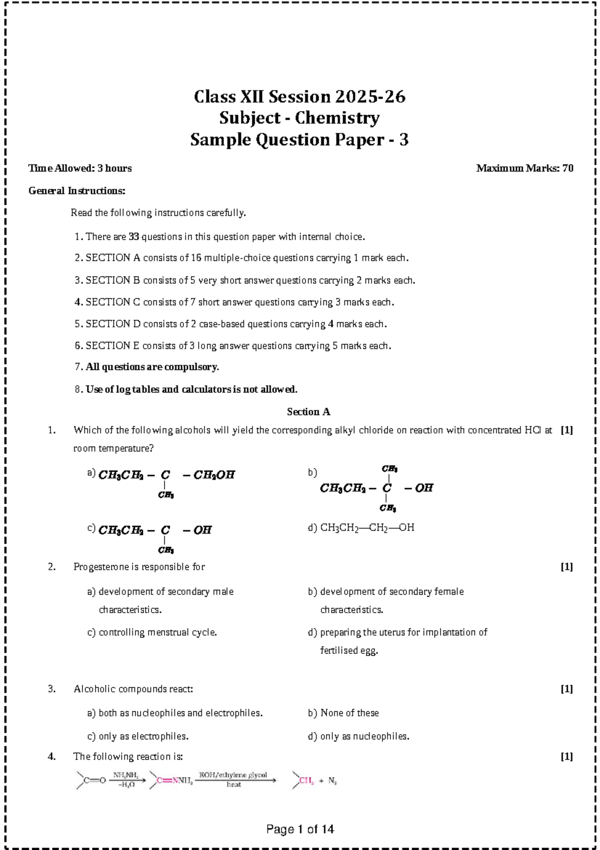 Class XII Chemistry Sample Question Paper 3 - 70 Marks - Studocu