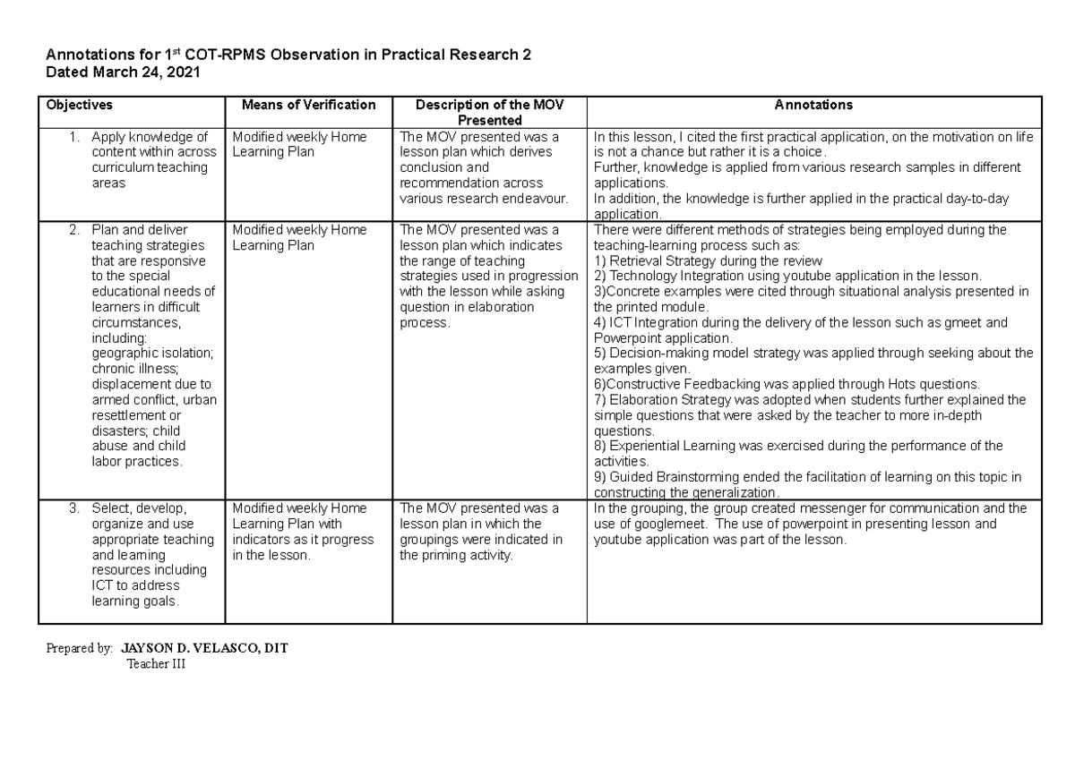 COT-RPMS Observation Annotations for Practical Research 1 & 2 - Studocu