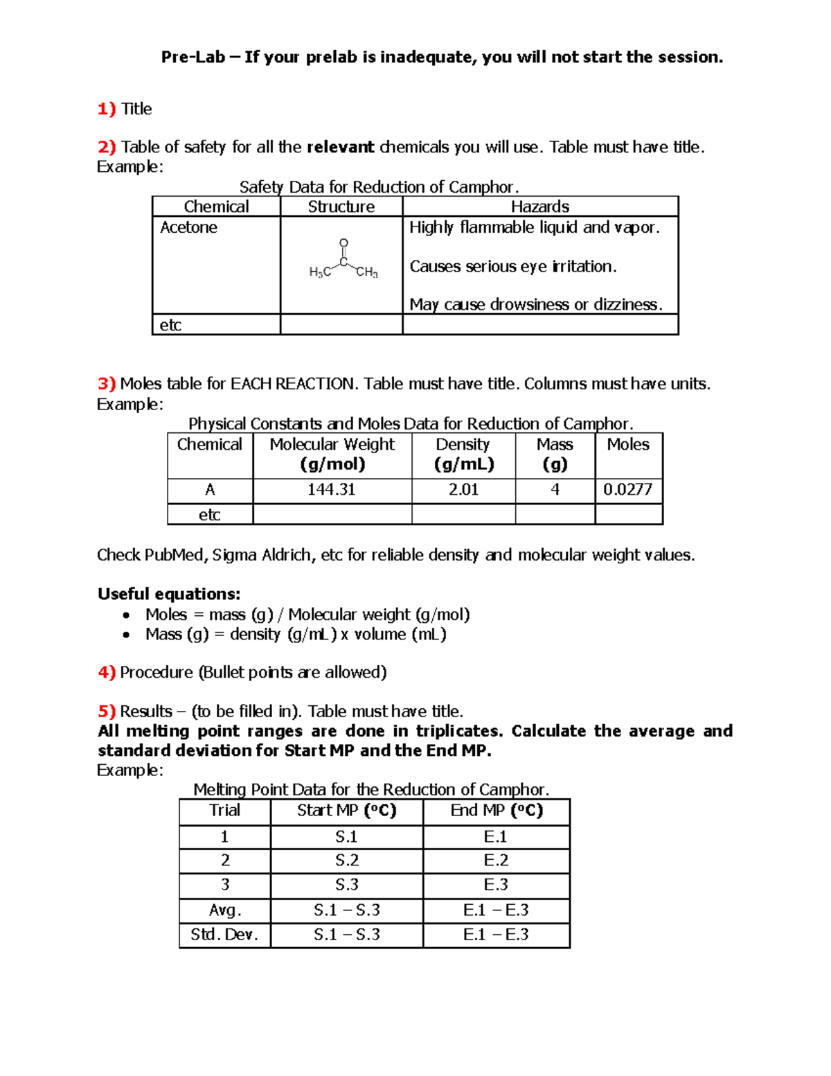 Standard Pre-Lab Outline (Labs 1-3) - Title Table of safety for all the ...