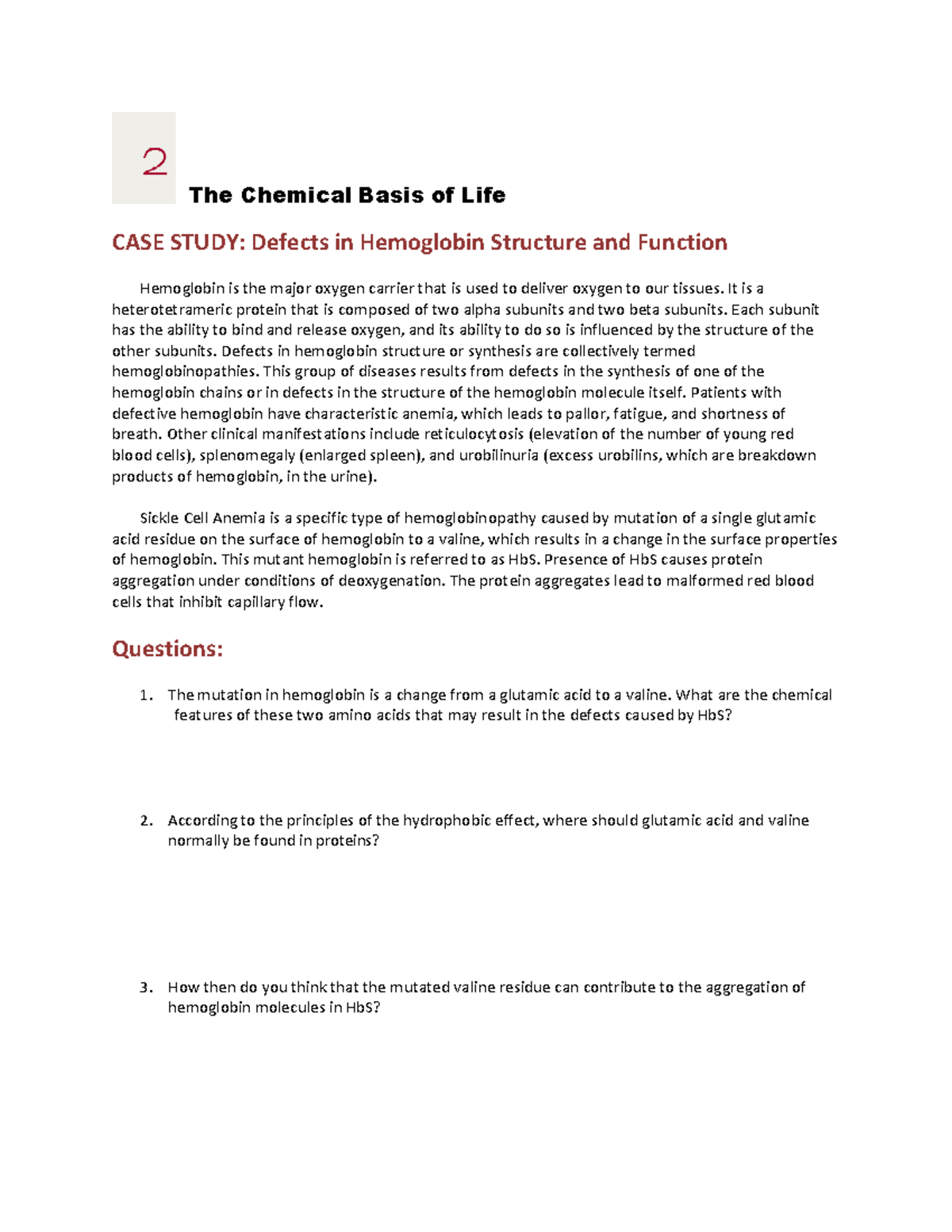 The Chemical Basis of Life: Case Study on Hemoglobin Defects (Ch02 ...