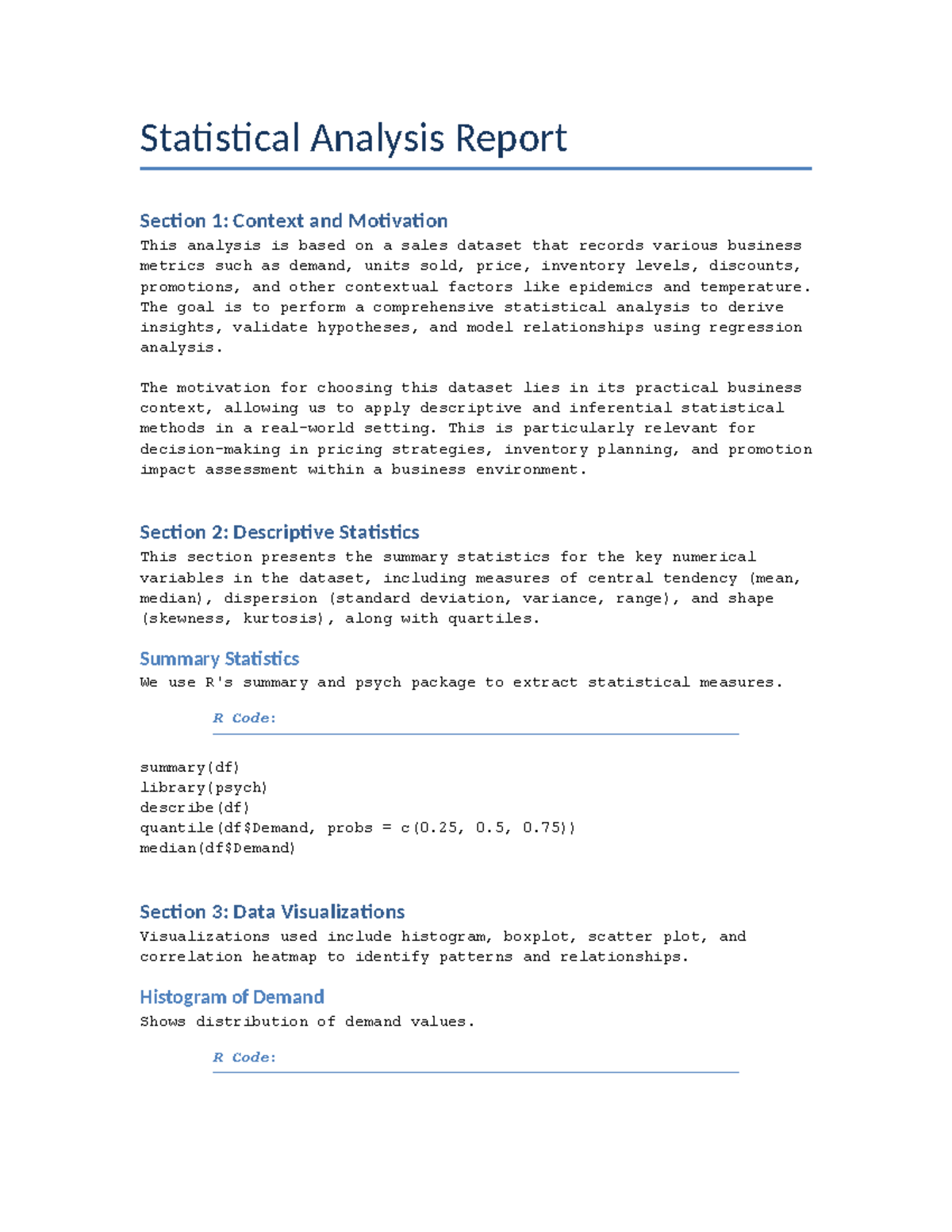 Statistical Analysis Report: Sales Data Insights & Modeling Techniques ...