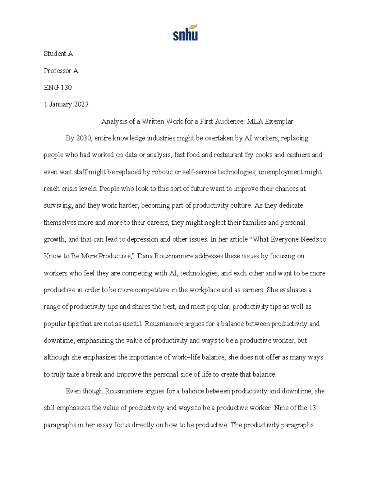 ENG 130 Final Exam Analysis of Rousmaniere's Productivity Insights ...