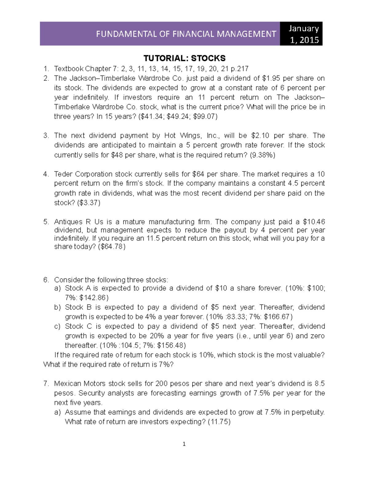 3 - Revision Guide for FIN 101 Midterm Exam on Stocks and Dividends ...