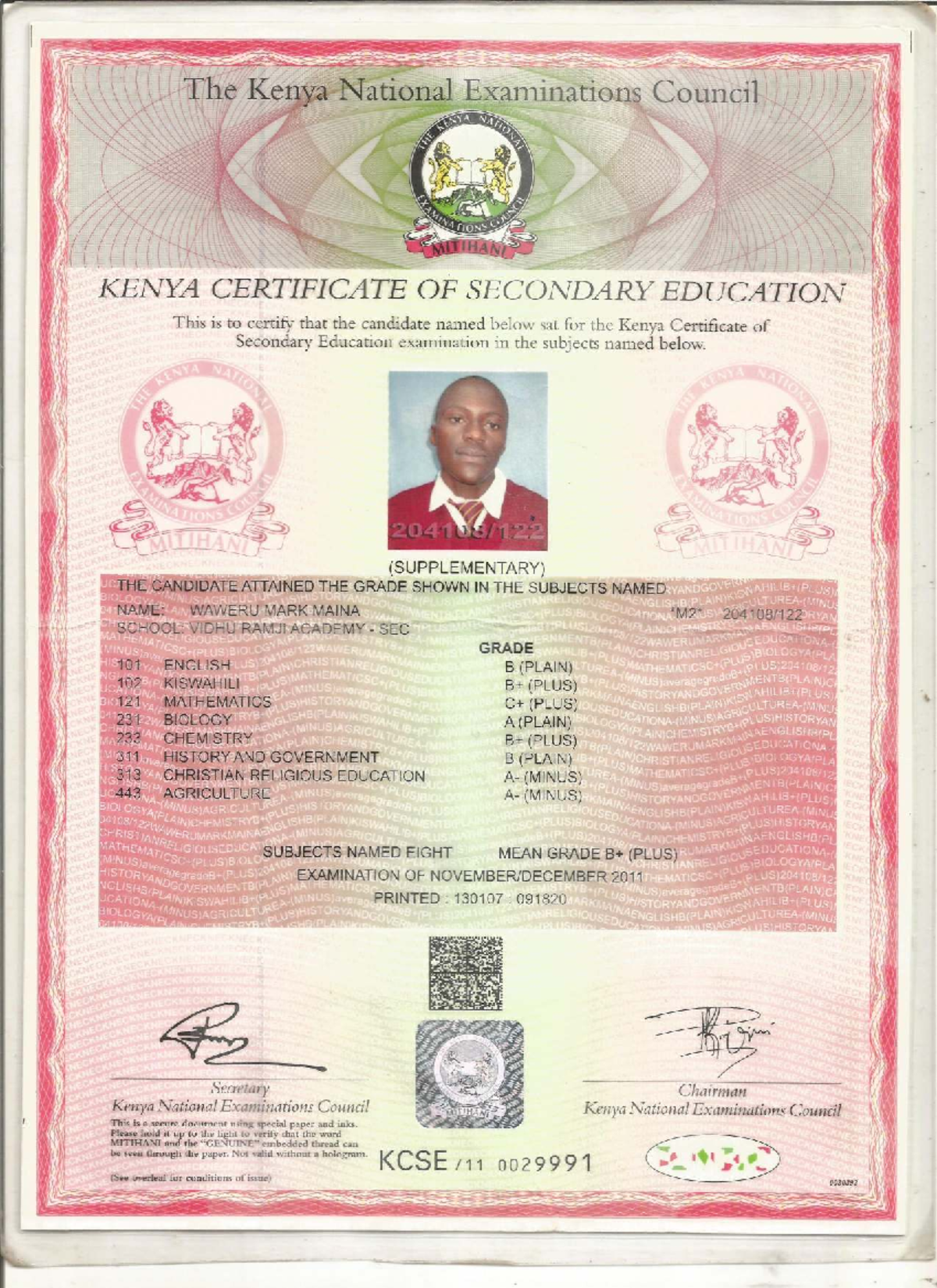 KCSE 2011 Exam Results for Waweru Mark Maina - Vidhu Ramji Academy ...