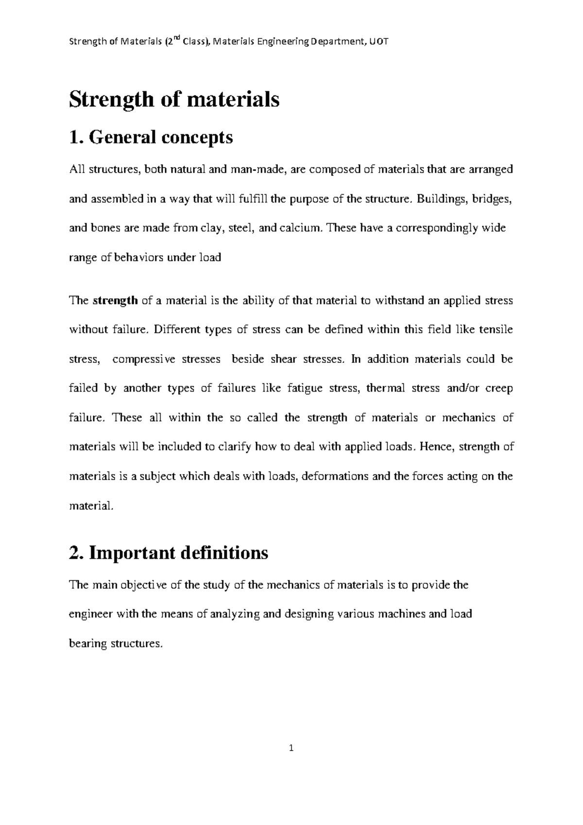 CE6306 Strength of Materials: Detailed Notes on Stress, Strain, and ...
