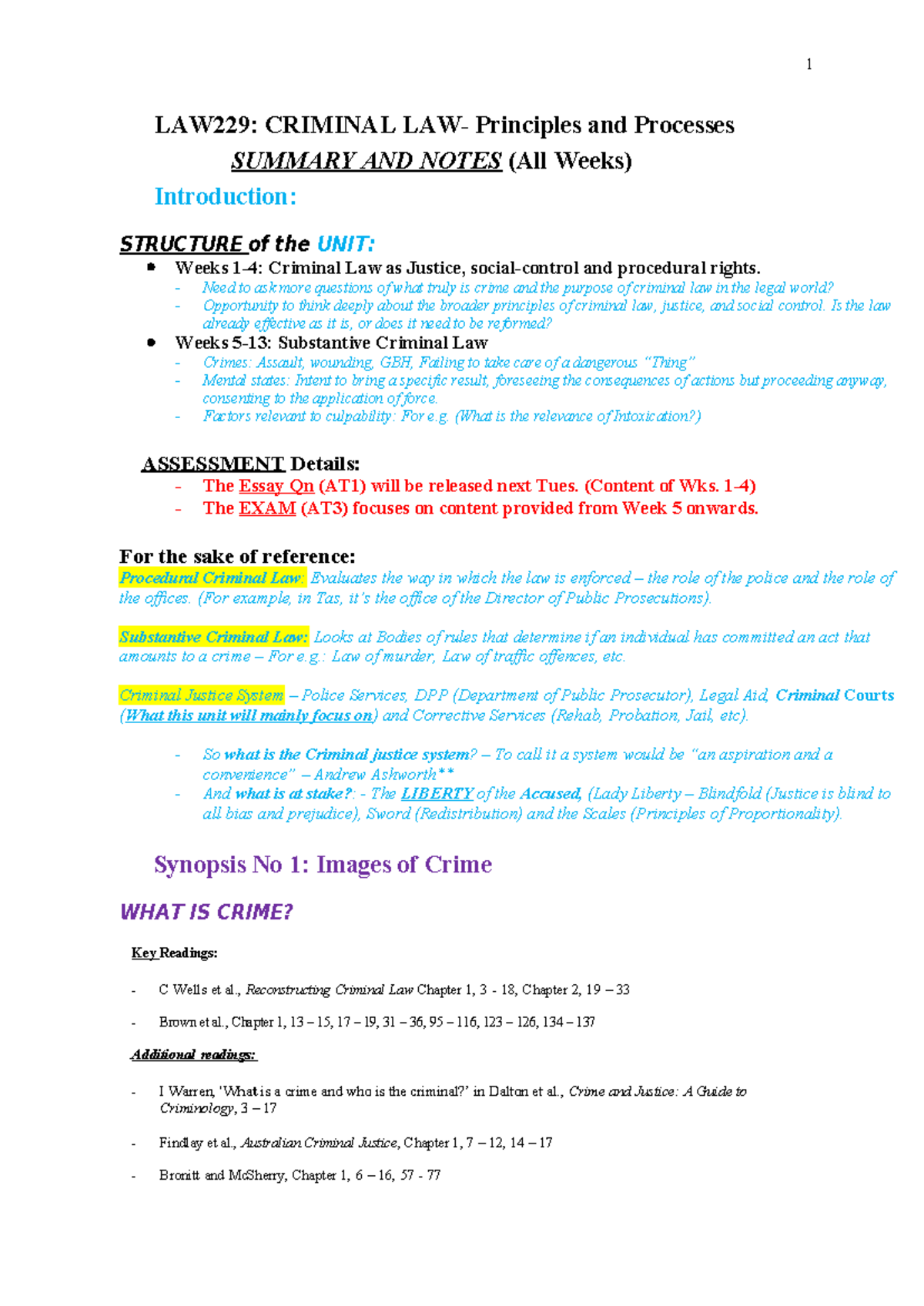 LAW229 - Criminal Procedure Synopses 1-4 Summary and Insights - Studocu