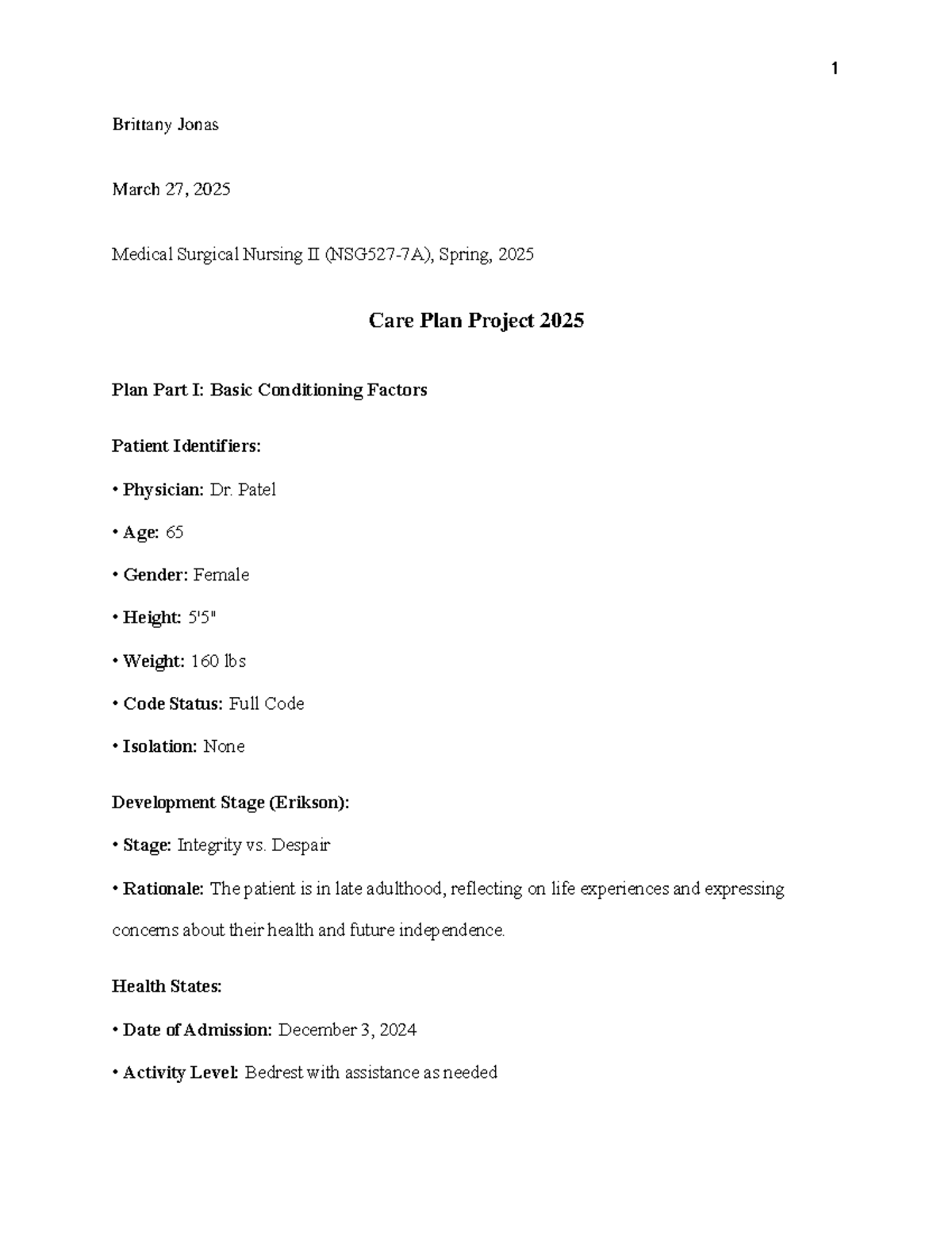 NURS 2025 Medical Surgical Nursing II Care Plan for PACU Patient - Studocu