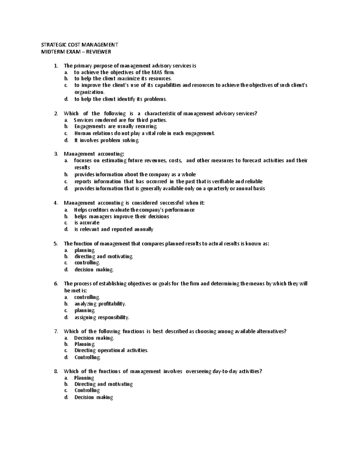 Strategic COST Management Midterm Exam Review Notes - Studocu