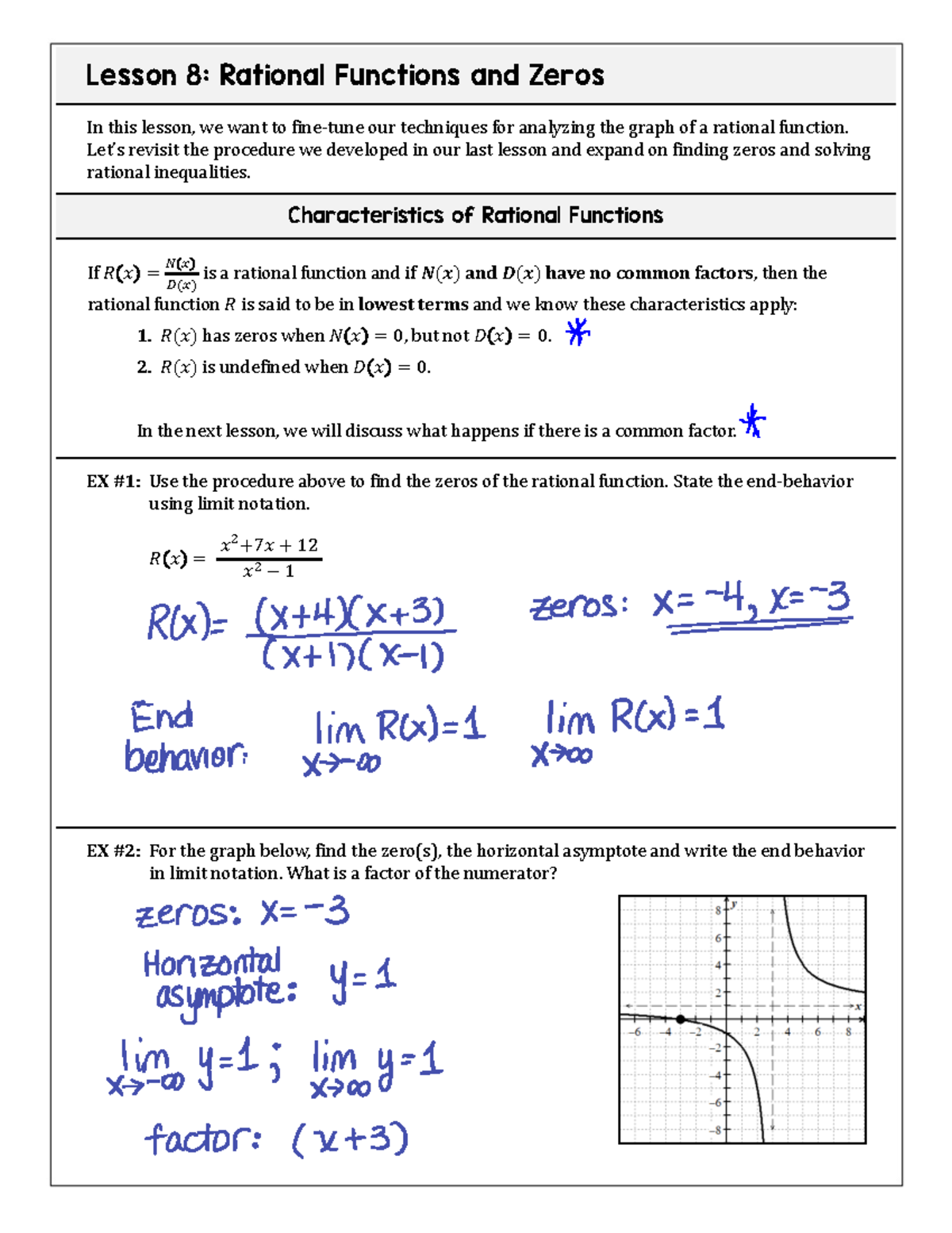 Lesson 8: Key Notes on Rational Functions & Zeros (Math 1.8R