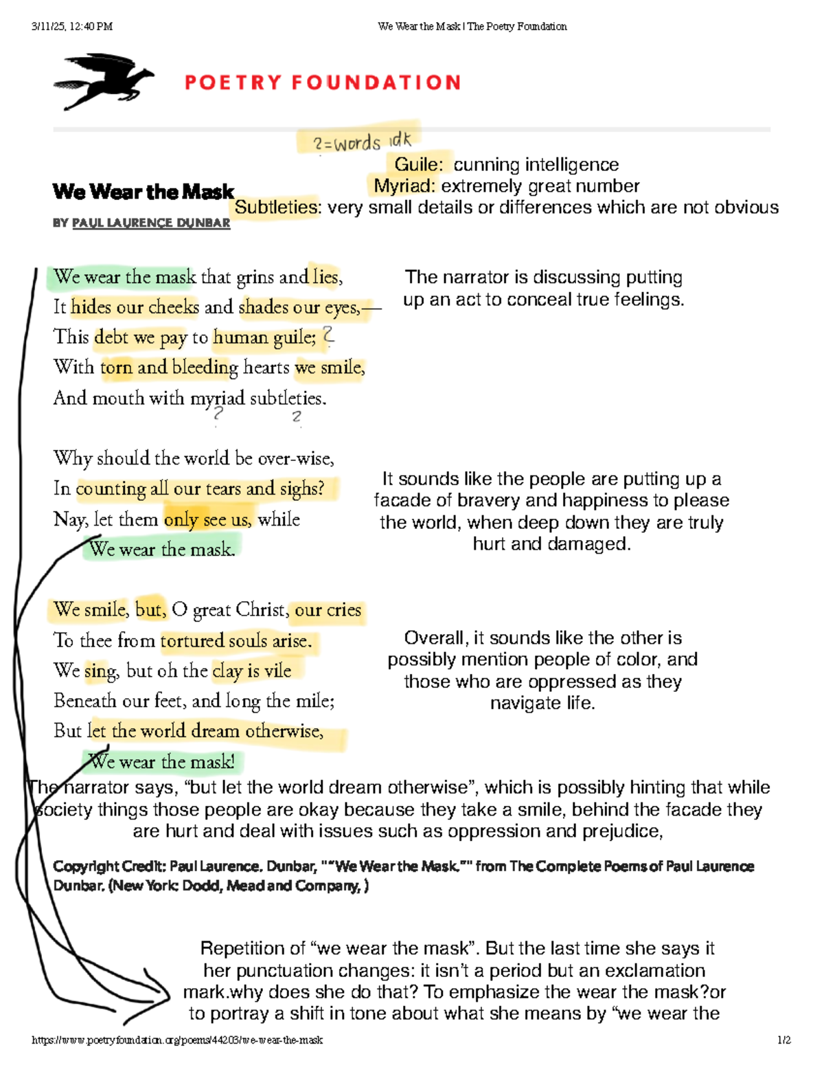 We Wear the Mask The Poetry Foundation - We Wear the Mask BY PAUL ...
