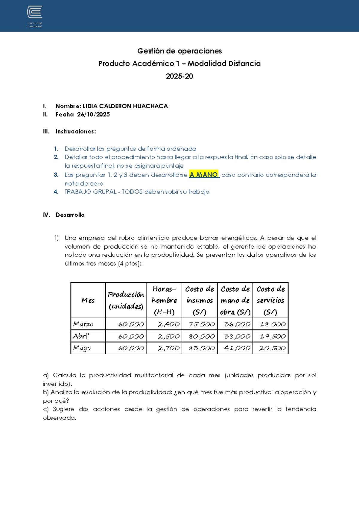 PA1 Gestión de Operaciones: Análisis y Estrategias 2025-20 - Document Preview