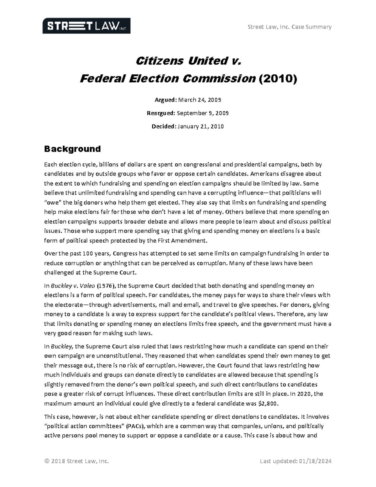 Citizens United v. FEC Case Summary - Street Law, Inc. - Studocu