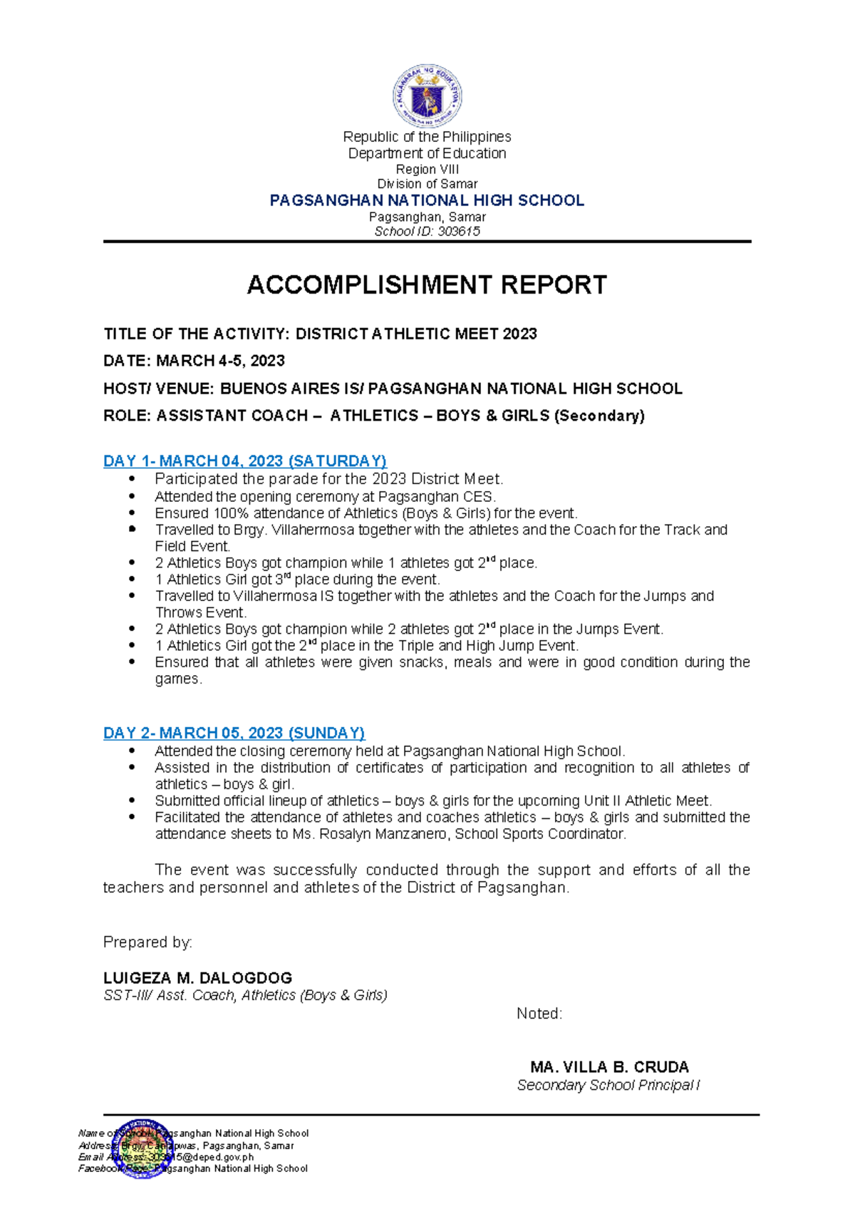 Accomplishment Report for SPAA Meet and Unit II Athletic Meet 2023 ...