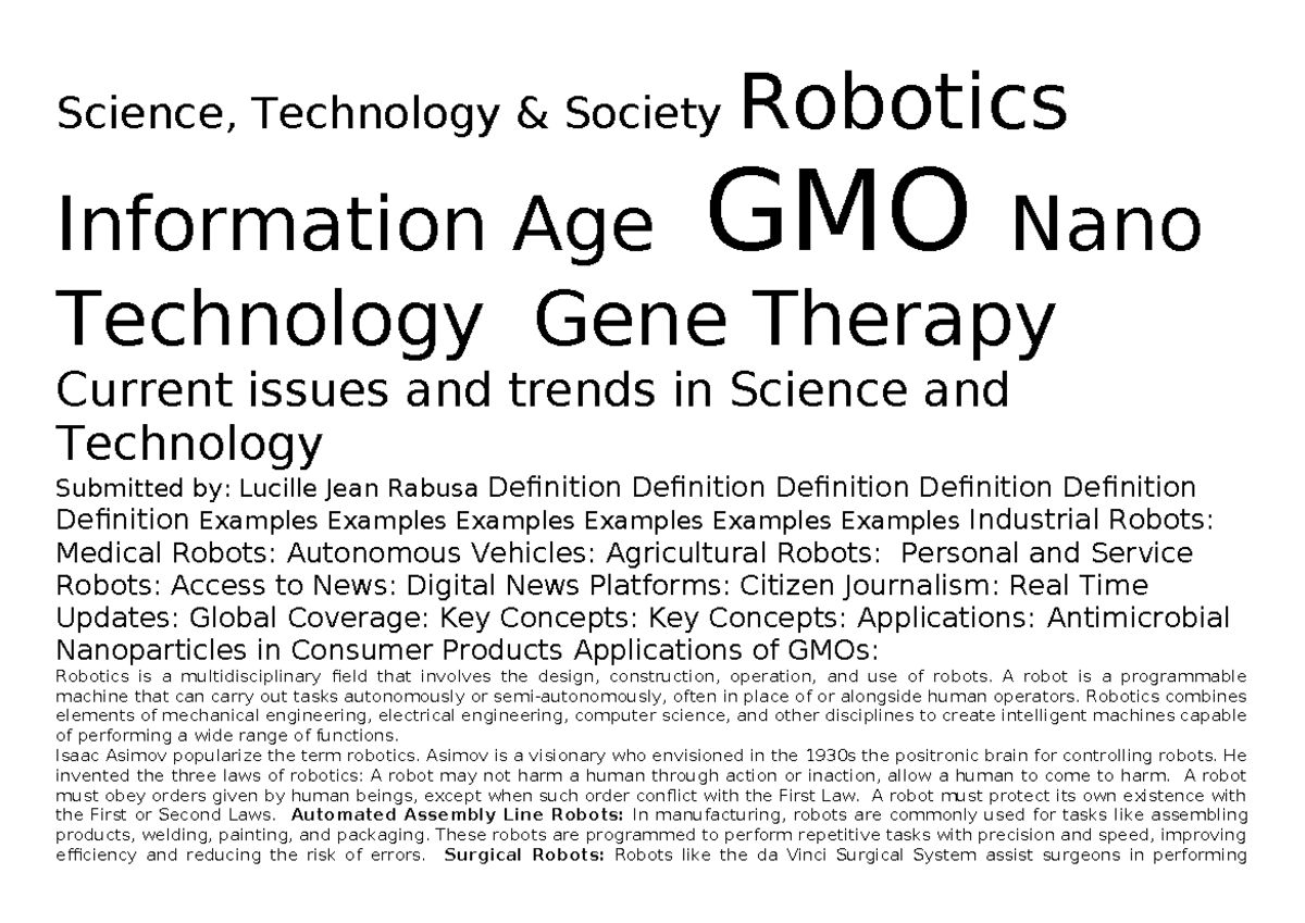 STS 101 Final Exam: Current Issues in Robotics, GMO, and Nanotechnology ...