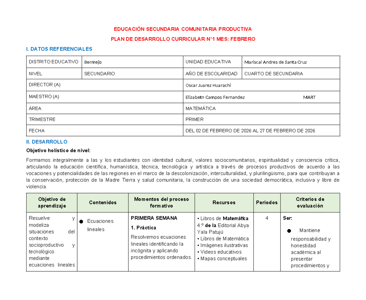 Matemática 4to Secundaria: Plan de Desarrollo Curricular - Febrero ...