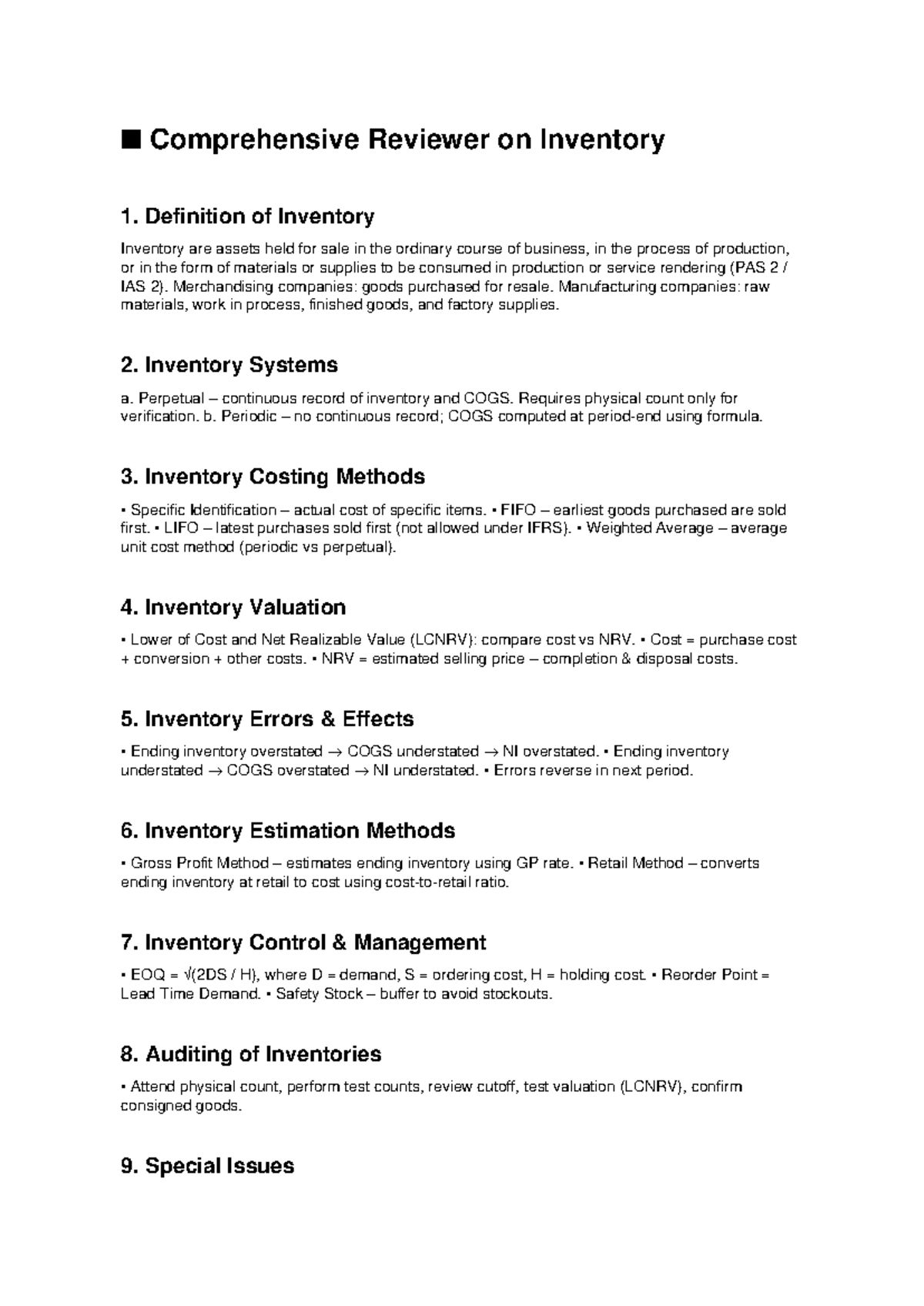 Comprehensive Inventory Review: Key Concepts & Methods (INV 101) - Studocu