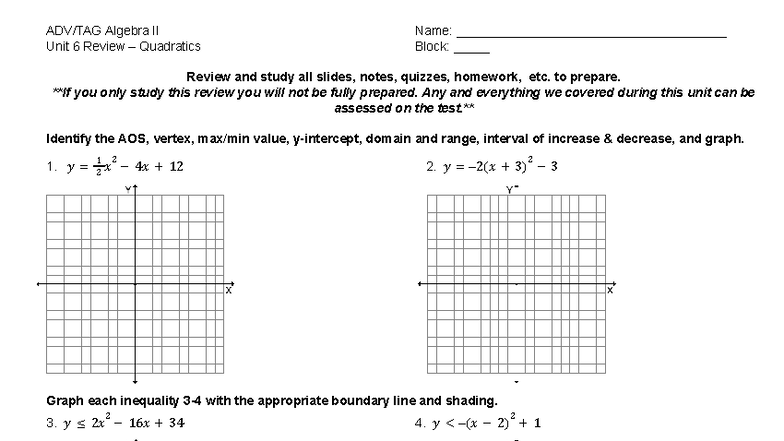 Algebra II Unit 6 Review: Key Concepts and Practice Problems - Studocu