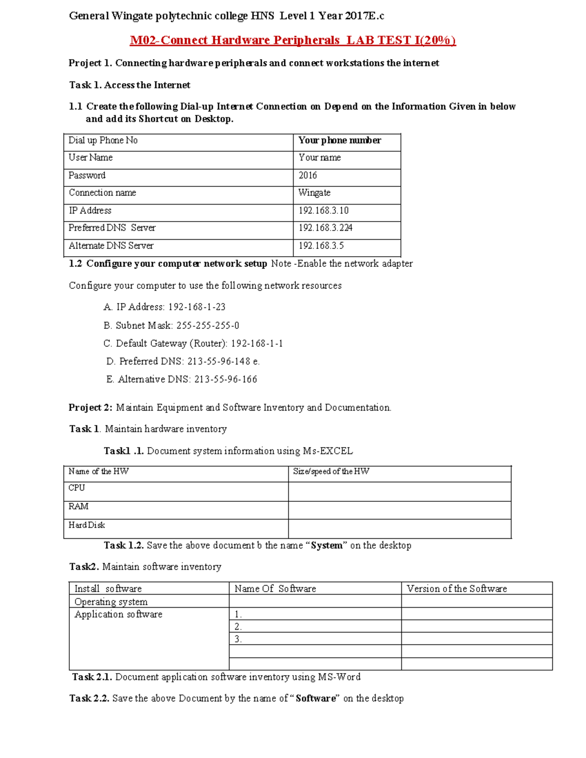 HNS Level 1 2017E.c Hardware Peripherals LAB TEST Project Guide - Studocu