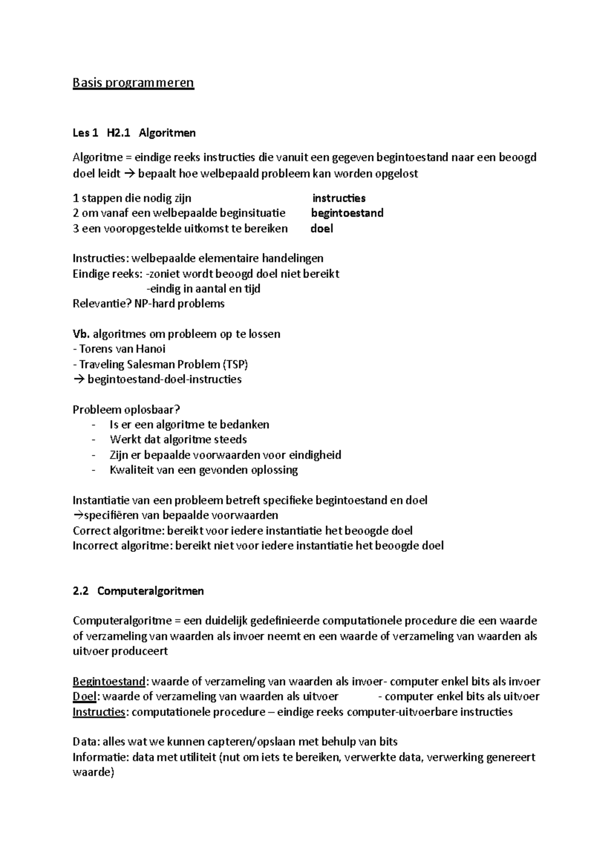 Basis programmeren Les 1: Algoritmen en Computeralgoritmen - Studocu