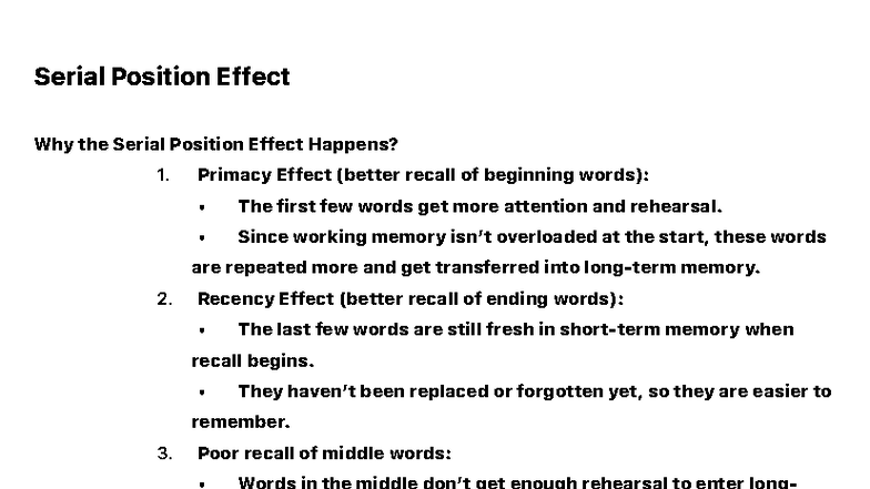 Psychology 101: Understanding the Serial Position Effect - Studocu