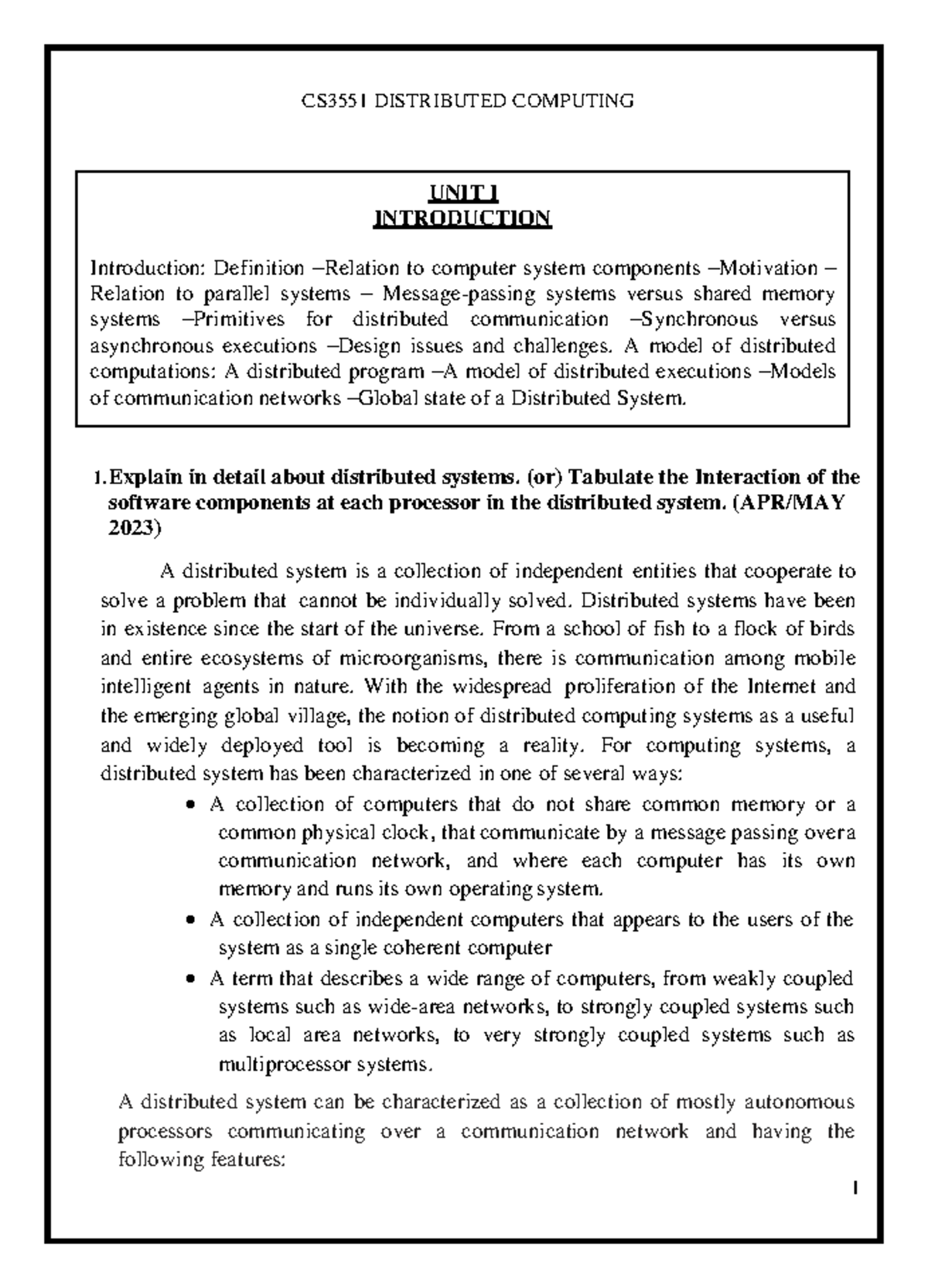Distributed Computing Quiz Notes (QB) - APR/MAY 2023 - Studocu