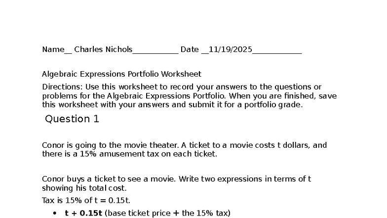 11.19 Algebraic Expressions Portfolio Worksheet - Studocu