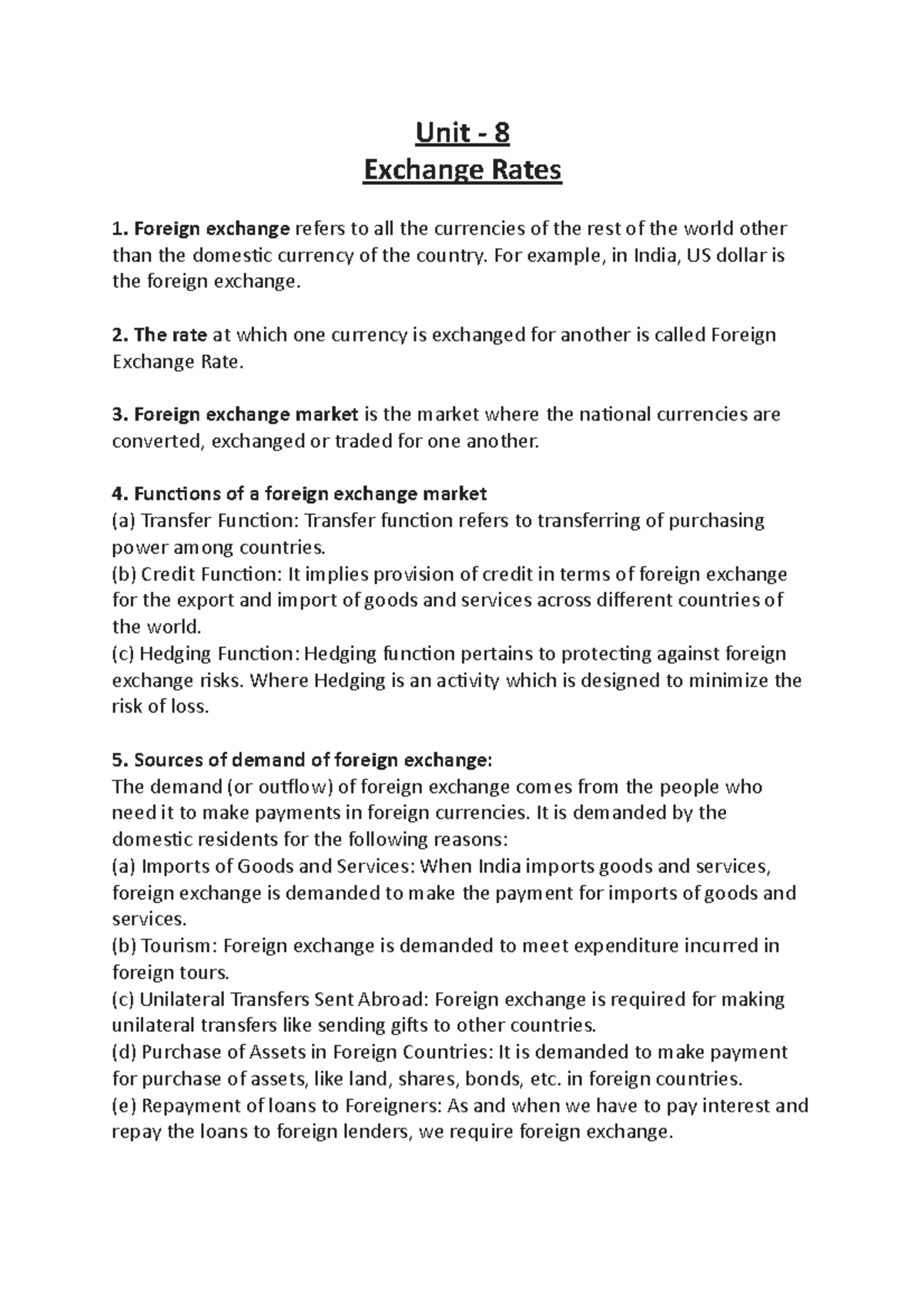 Unit-8: Foreign Exchange Rates - Class Notes & Key Questions - Studocu
