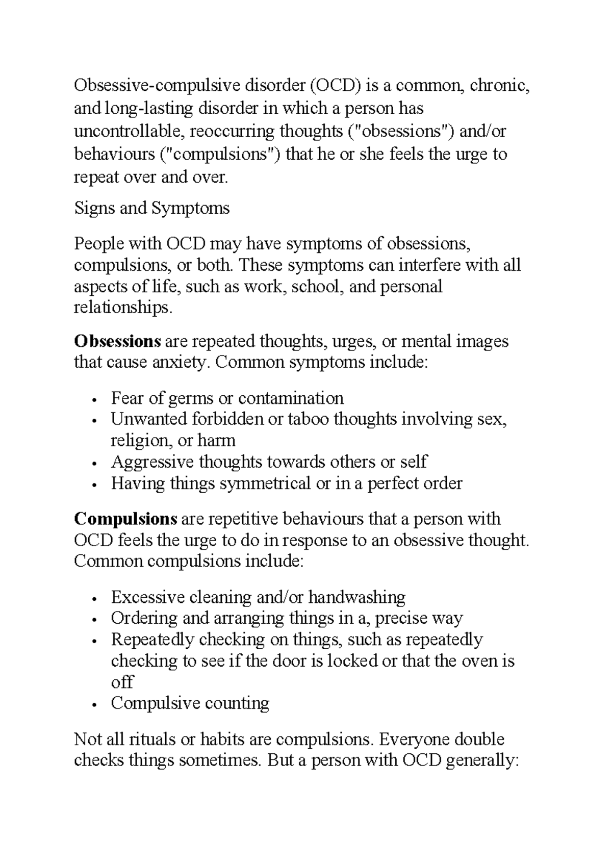OCD: Comprehensive Notes on Symptoms, Treatment, and Management - Studocu