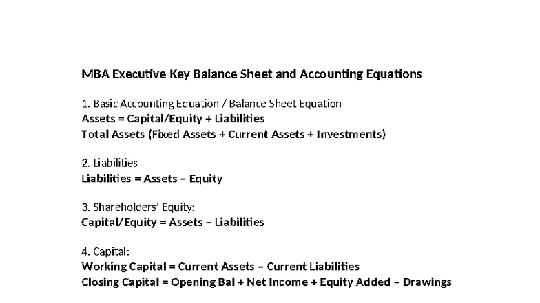 Key Balance Sheet & Accounting Equations for MBA Exec - Mngmt Acc - Studocu