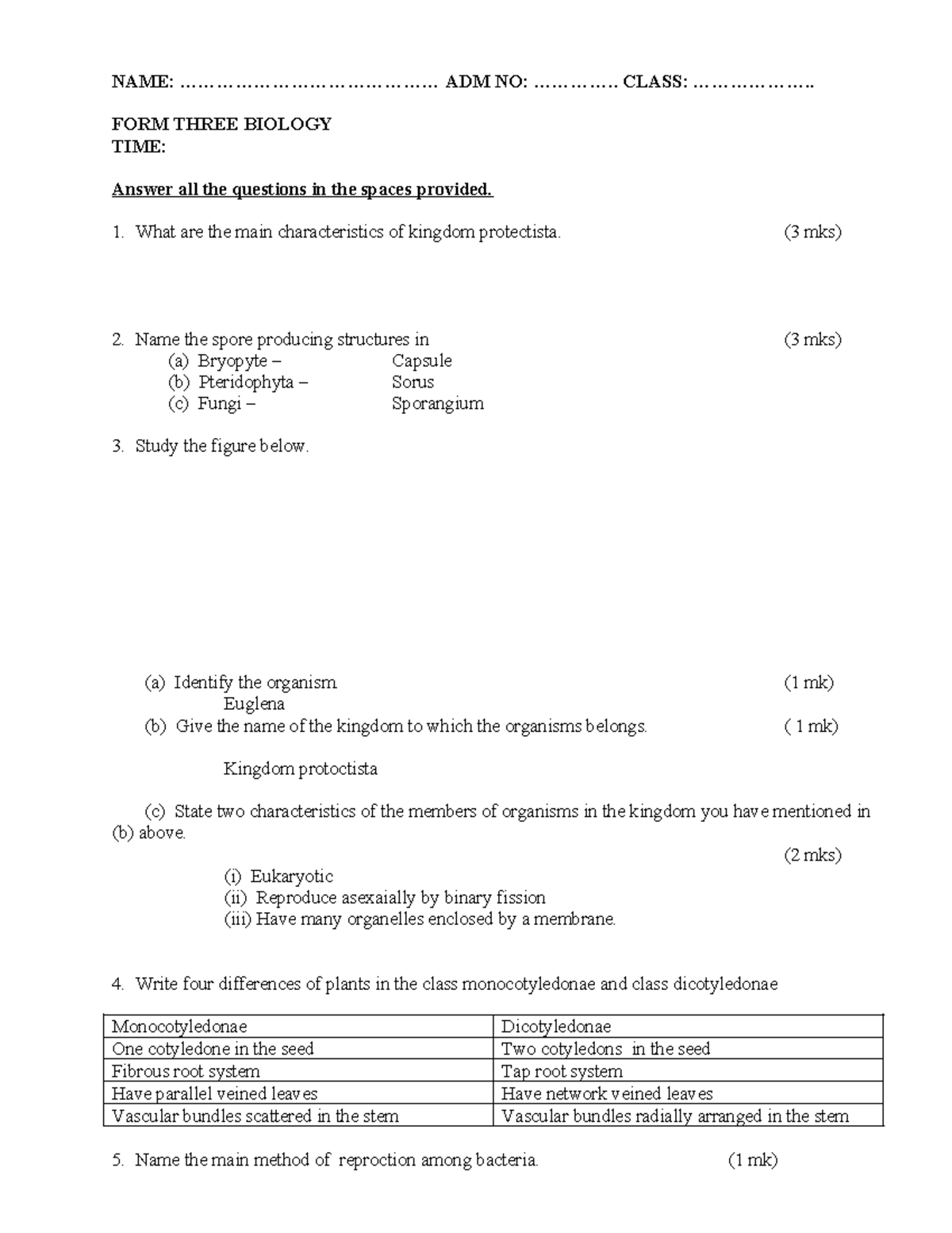 Zool 100: Form Three Biology Exam Questions and Answers - Studocu