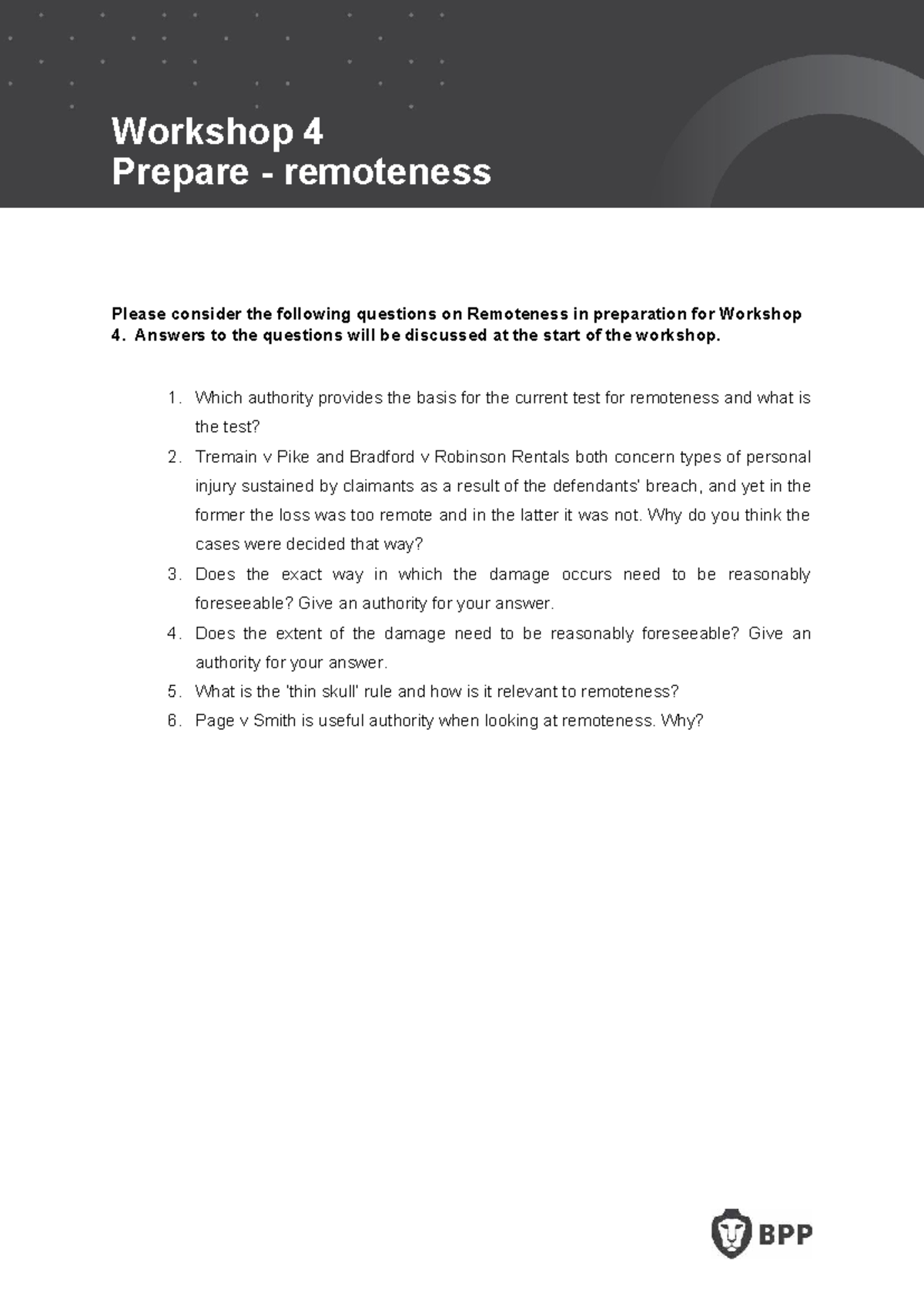 Workshop 4: Remoteness Questions Preparation Guide - Studocu