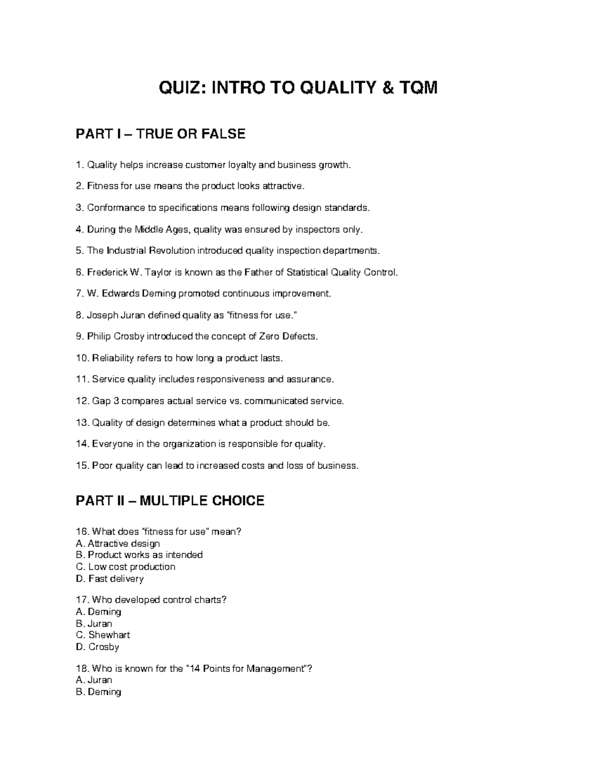 OPMAN QUIZ: INTRO TO QUALITY TQM TRUE/FALSE & MCQ - Studocu
