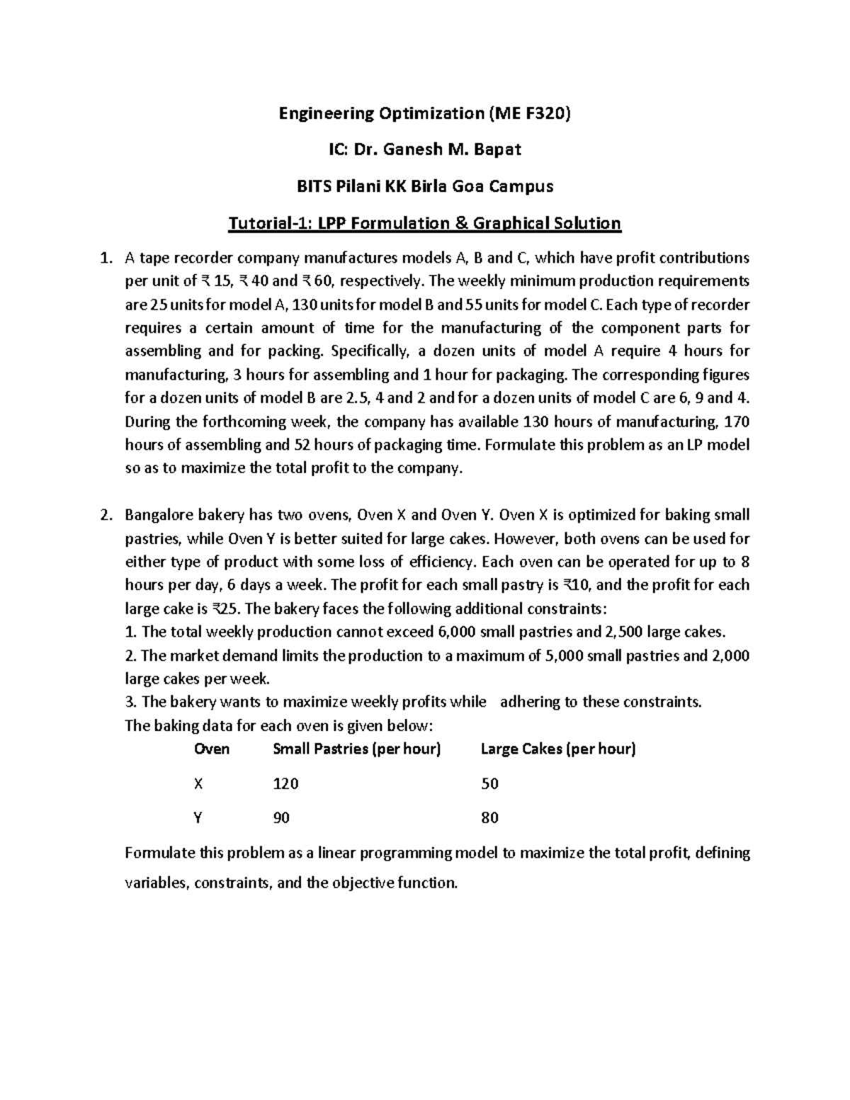 Tutorial 1 Problems Lecture Notes Engineering Optimization Me F320