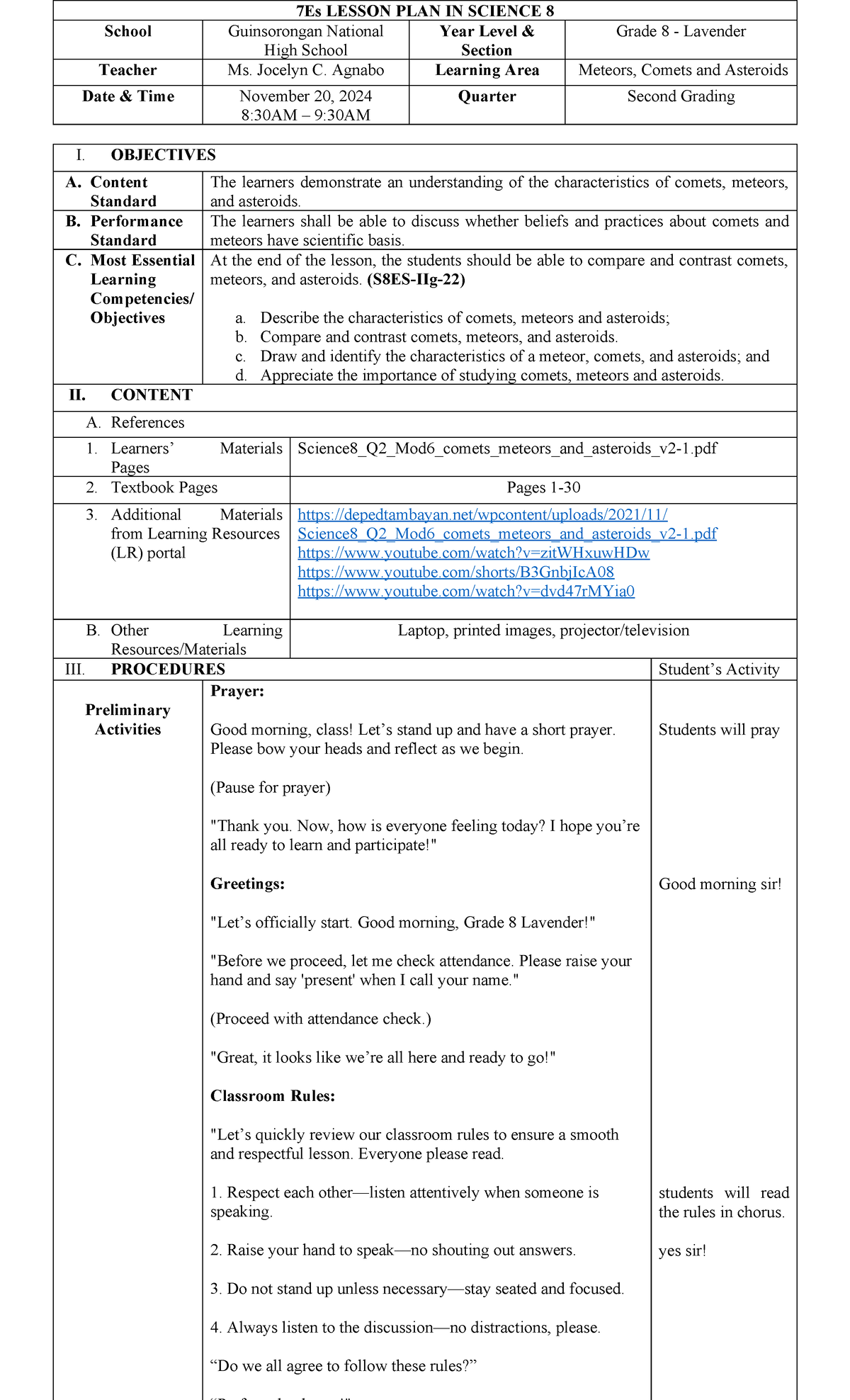 Characteristics of Comets, Meteors, and Asteroids: Grade 8 Lesson Plan ...