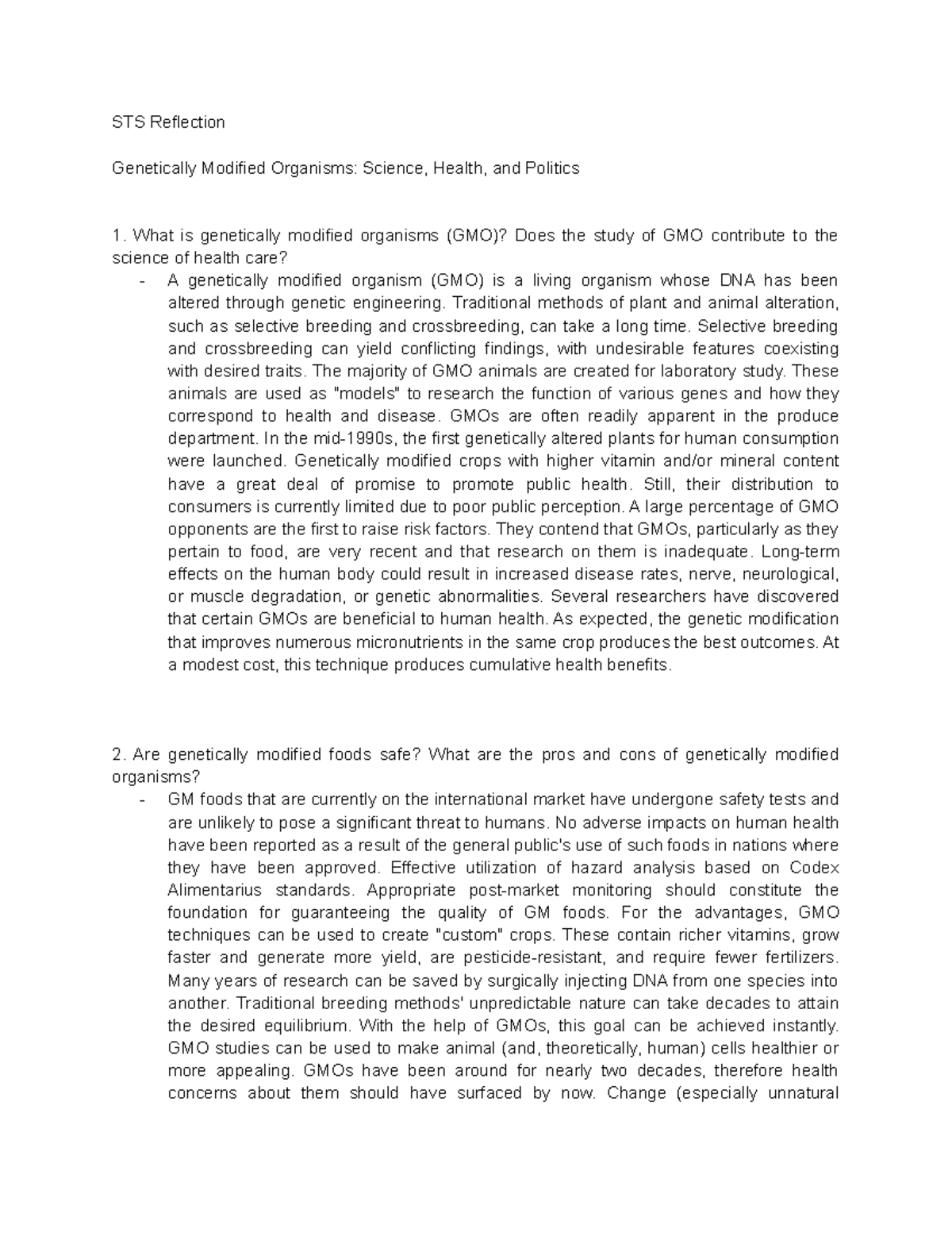STS 101 Reflection: Examining Genetically Modified Organisms - Studocu