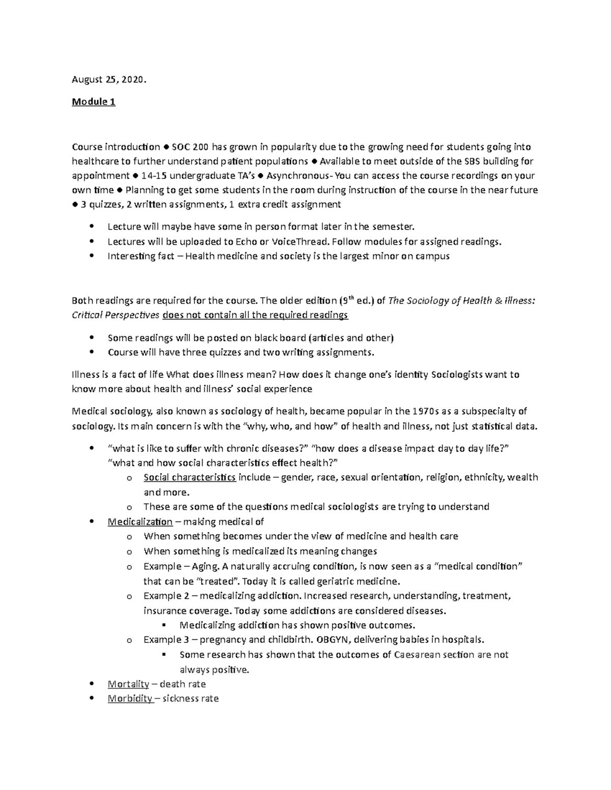 SOC 200: Module 1 Lecture Notes on Medical Sociology and Health - Studocu