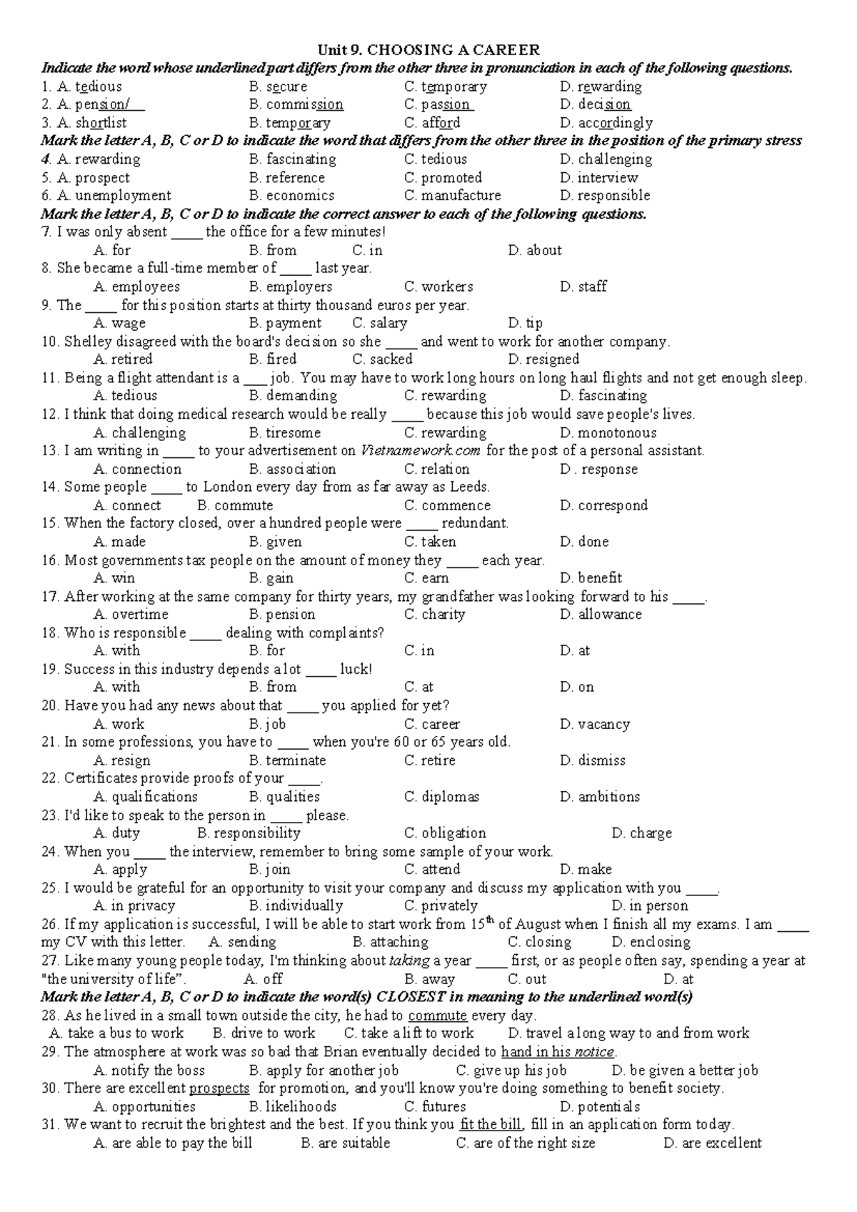 Unit 9 - Choosing a Career: Vocabulary and Test Questions - Studocu